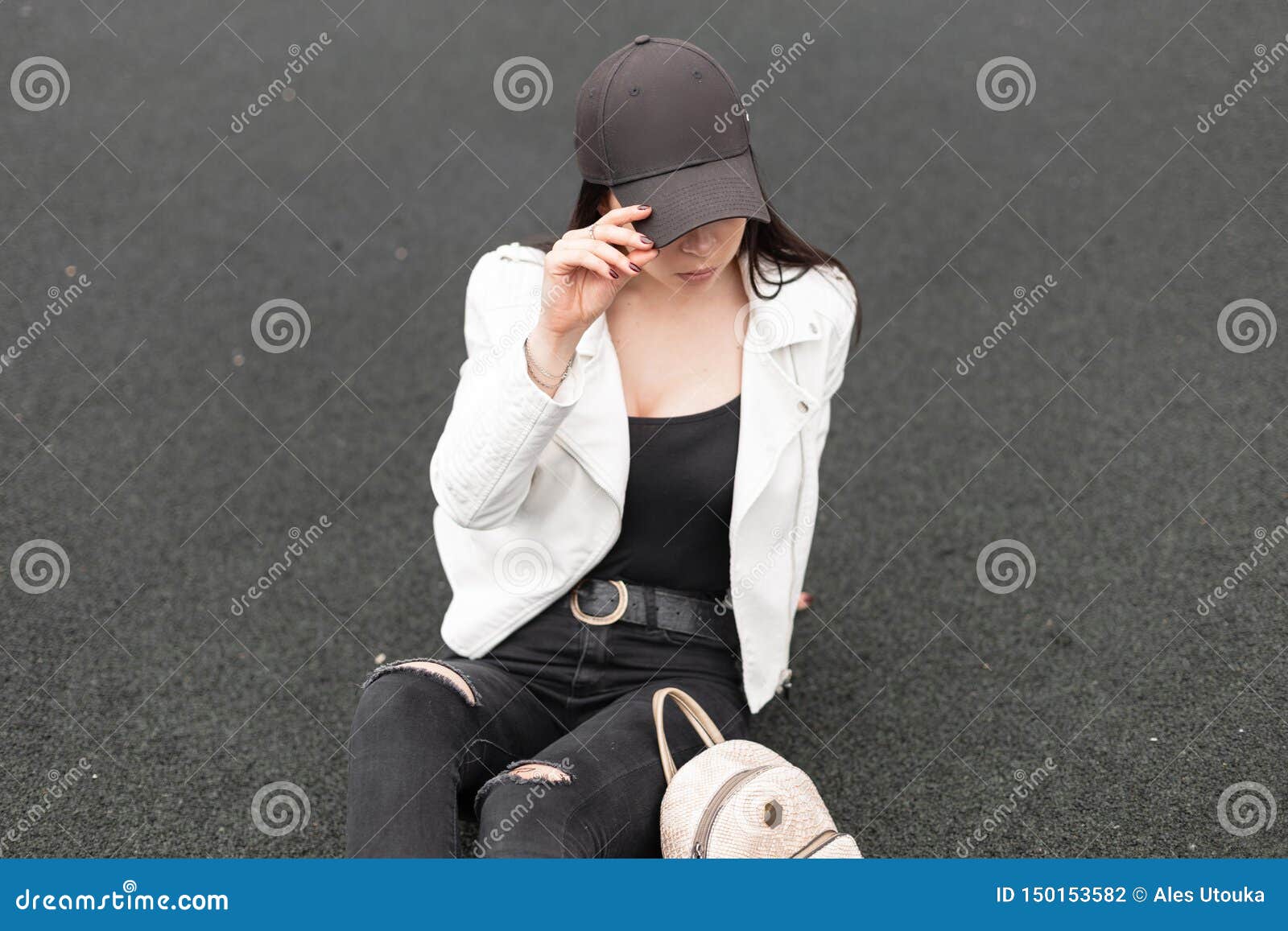Pretty Positive Young Woman In A Stylish Black Leather Jacket In Fashionable  White Shirt Walks On The Street Near Vintage Buildings Trendy Happy Girl  Model Relaxes Outdoors Youth Womens Fashion Stock Photo 