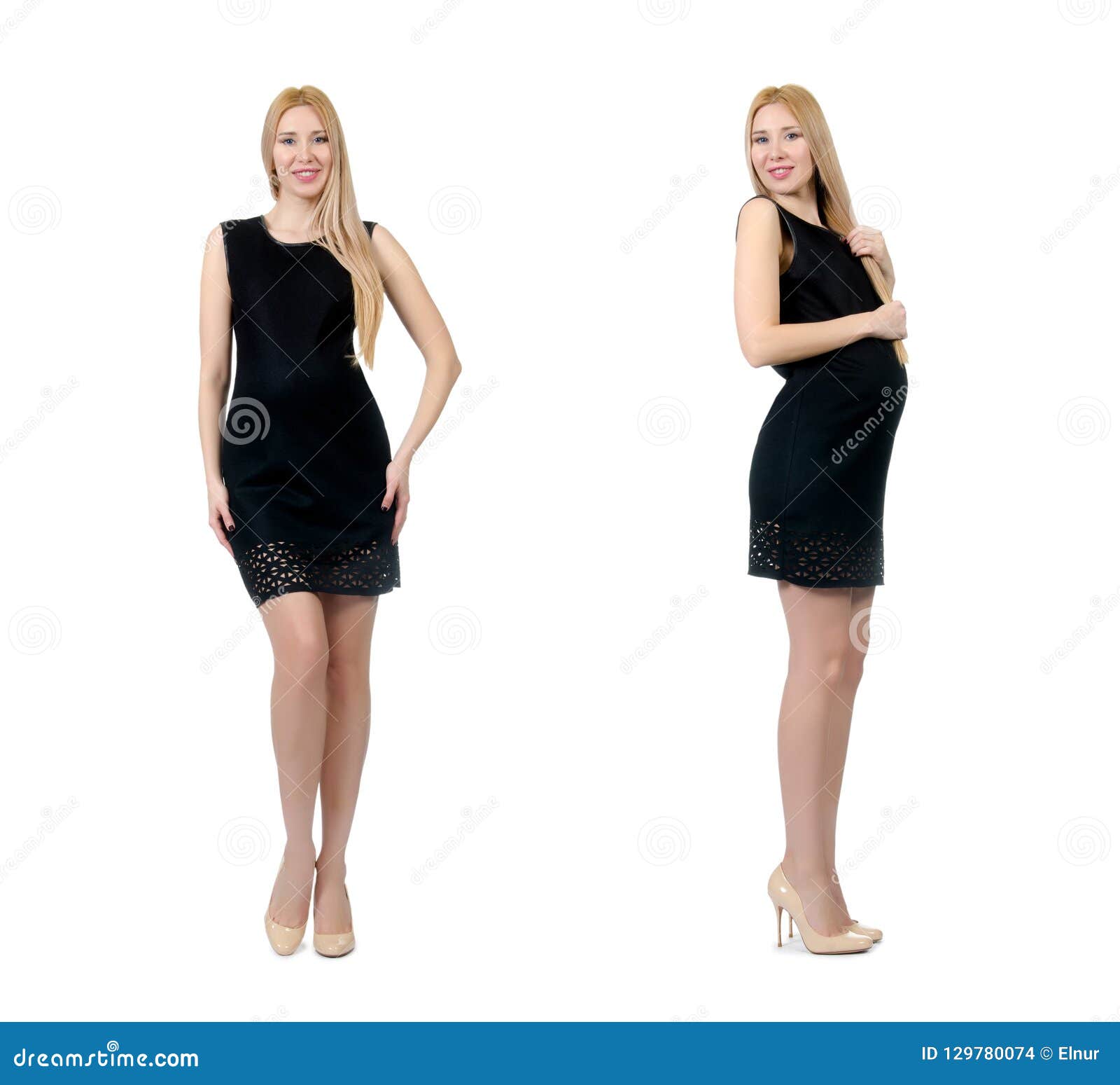 The Pretty Pregnant Woman in Mini Black Dress Isolated on White Stock ...