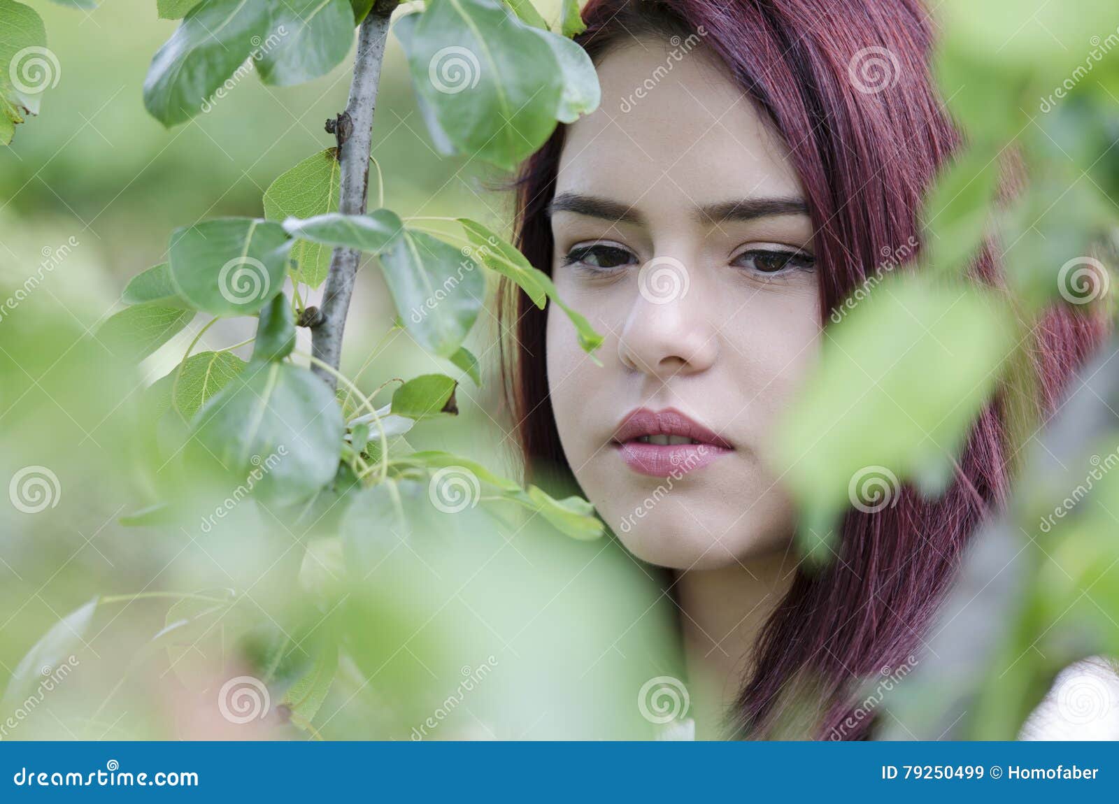 Pretty Red Hair Teen Behind Green Tree Leaves Stock Image - Image of ...