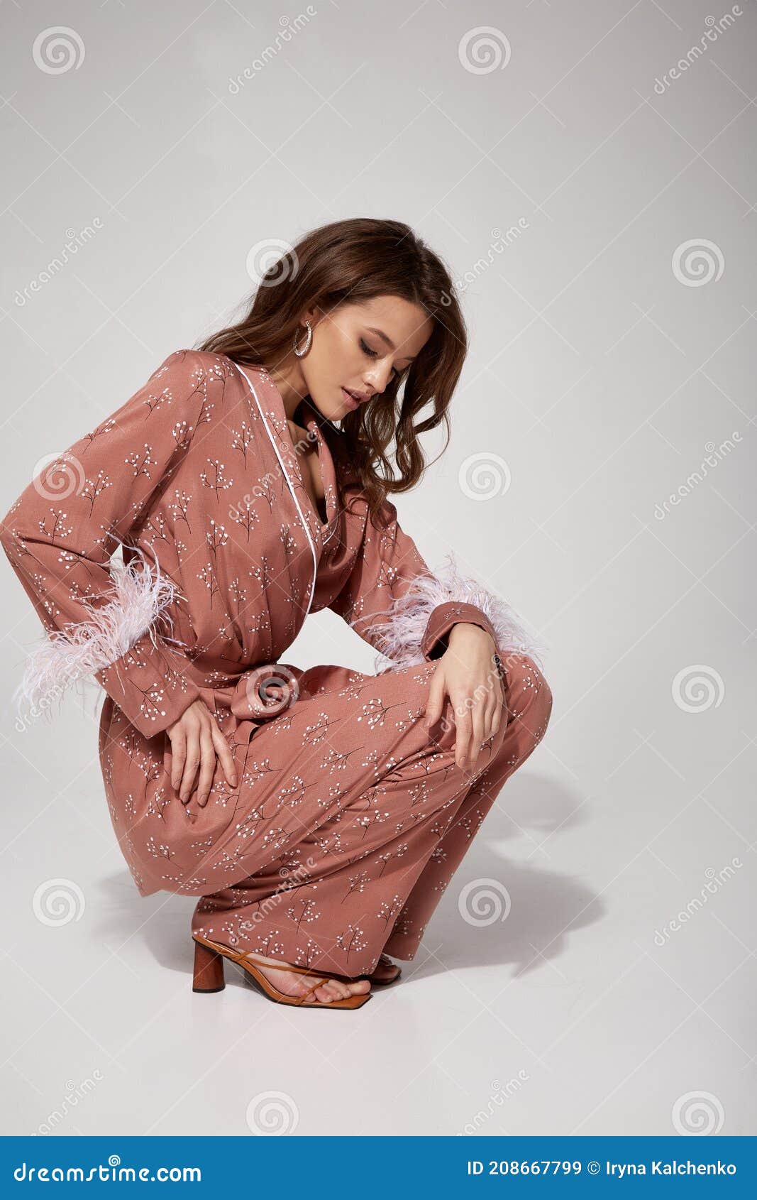 Pretty Woman Beautiful Face Natural Makeup Brunette Hair Wear Silk Textile  Suit Pants and Blouse with Feathers Comfort Casual Stock Image - Image of  hairstyle, face: 208667799