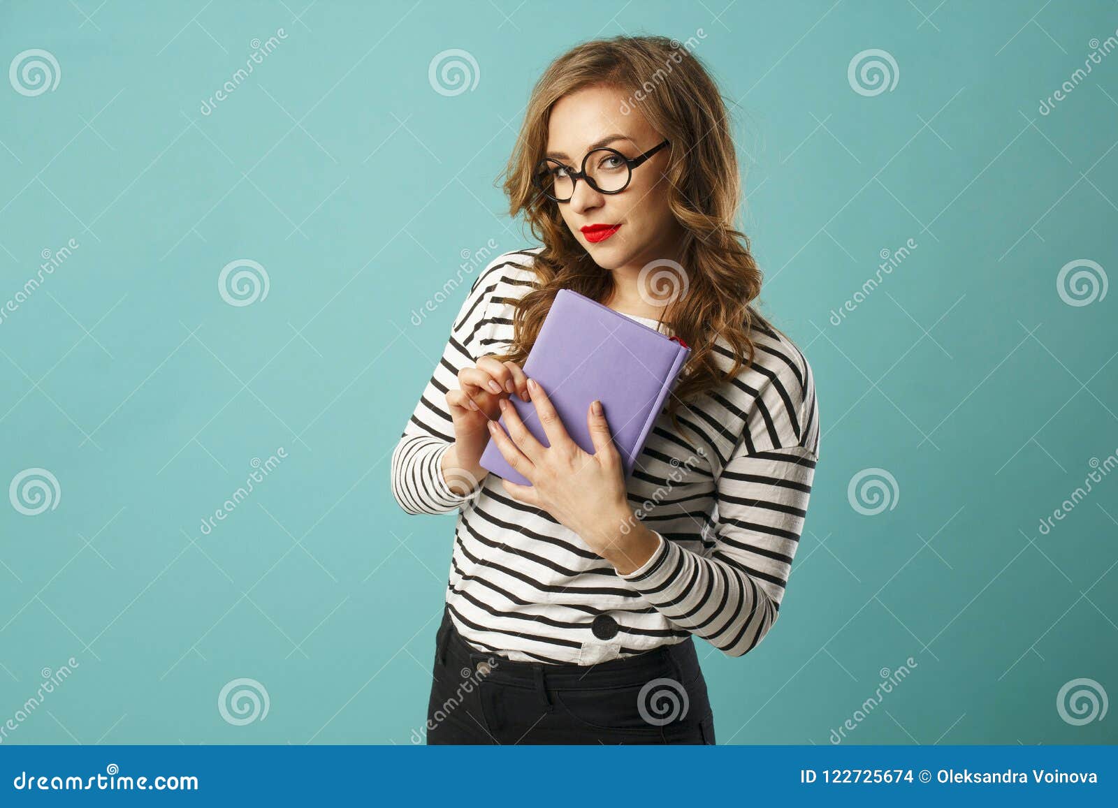 Pretty Smiley Blonde Girl Student with Book Wearing Glasses Stock Photo ...