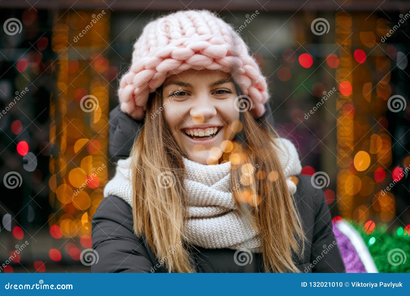 Pretty Smiling Blonde Girl Wearing Knitted Pink Cap and Scarf Ce Stock ...