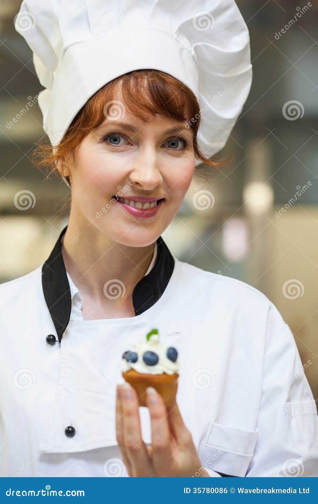 Pretty Smiling Head Chef Holding Blueberry Dessert Stock Photo Image
