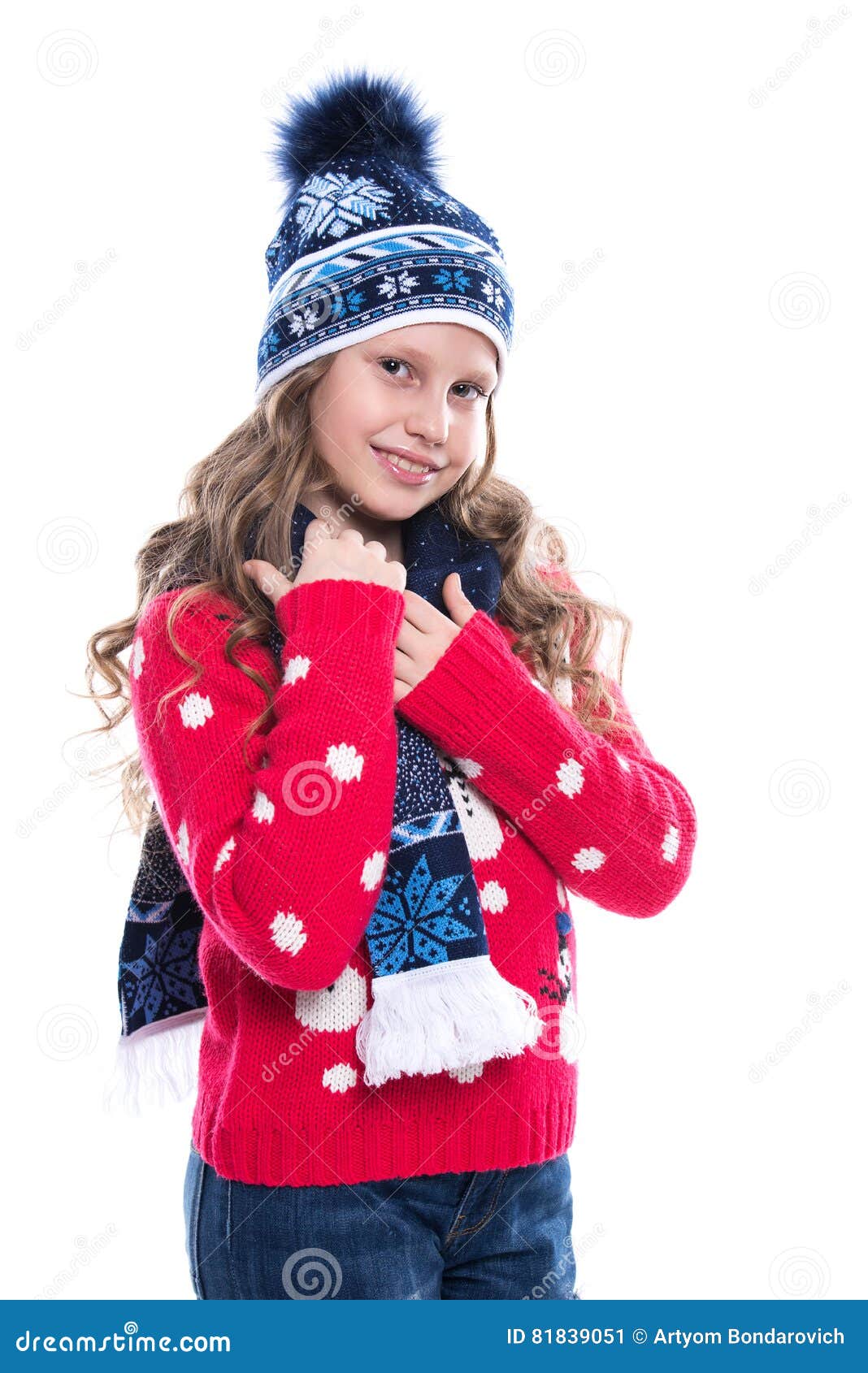 Pretty Smiling Little Girl with Curly Hairstyle Wearing Knitted Sweater ...