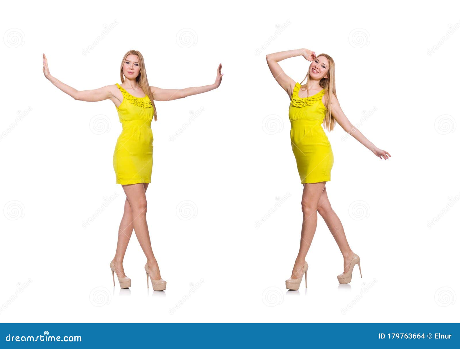 Pretty Tall Woman in Short Yellow Dress Isolated on White Stock Photo ...
