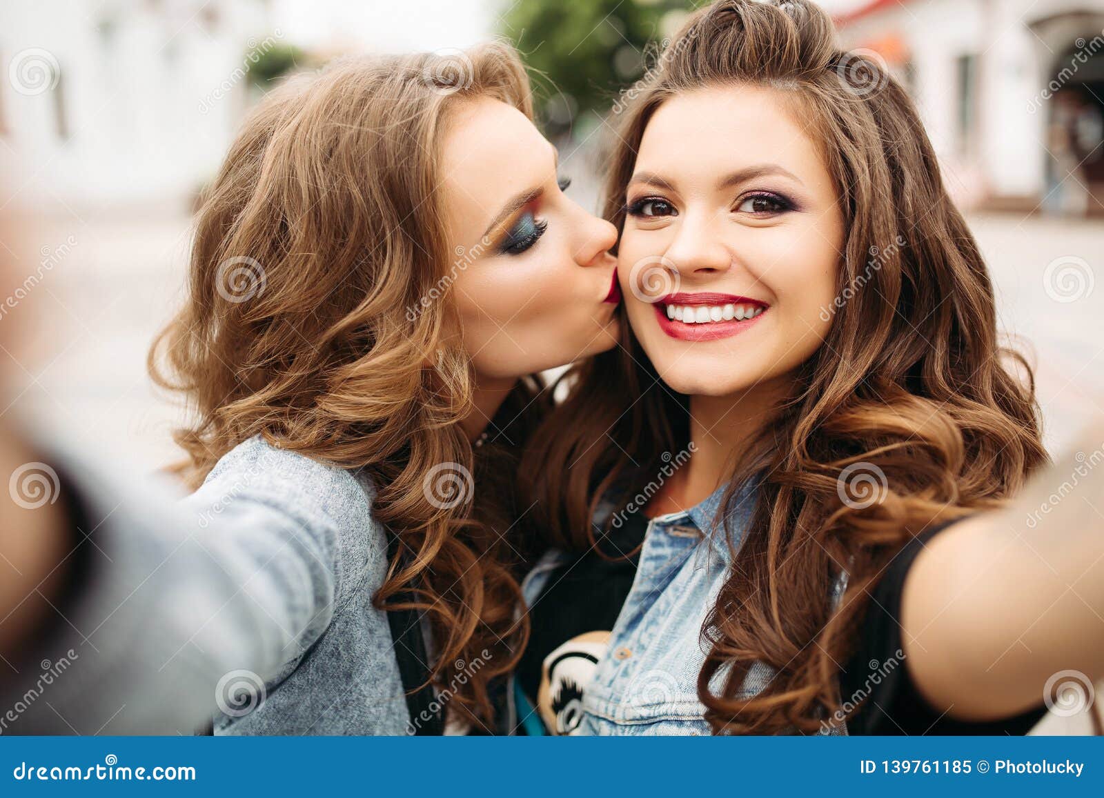 Pretty Teen Girls With Hairstyles And Red Lips Smiling At Camera Stock Image Image Of