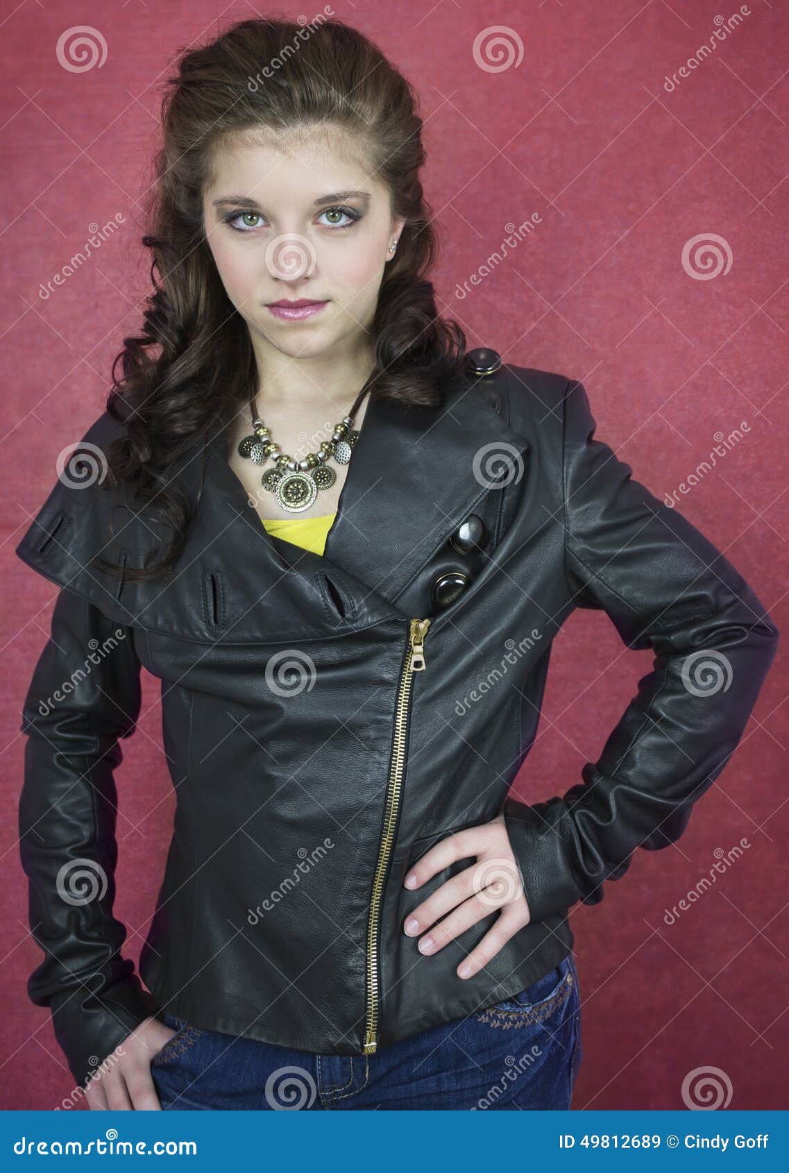 Pretty Teenage Girl in Black Leather Jacket Stock Image - Image of ...