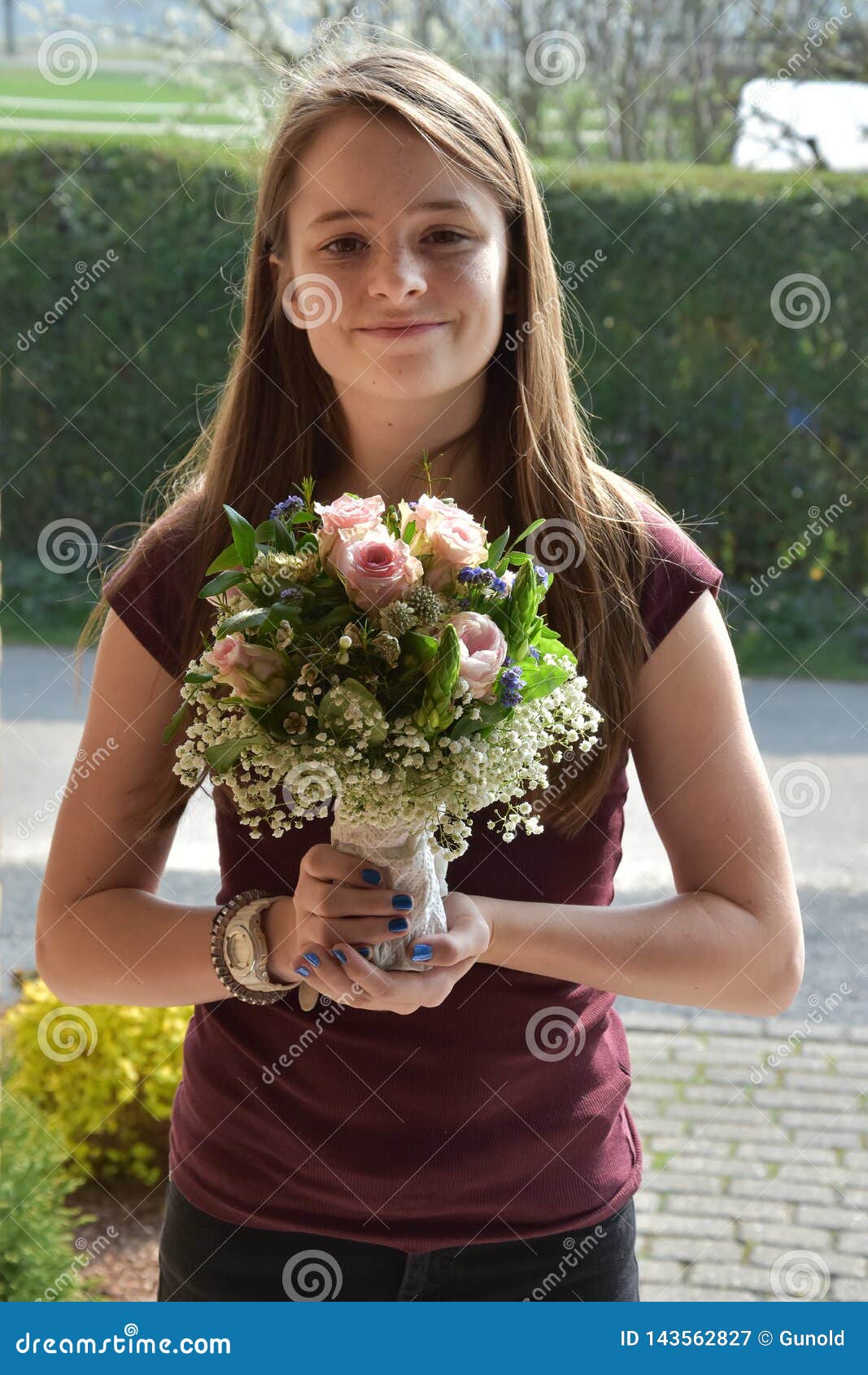 American teen girl with bouquet