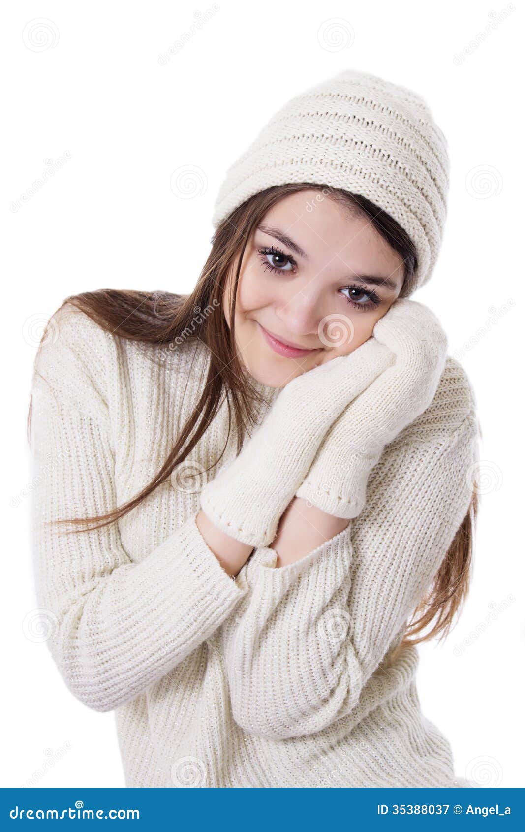 Pretty Teenage Girl in Knitted Mitten and Hat Stock Image - Image of ...