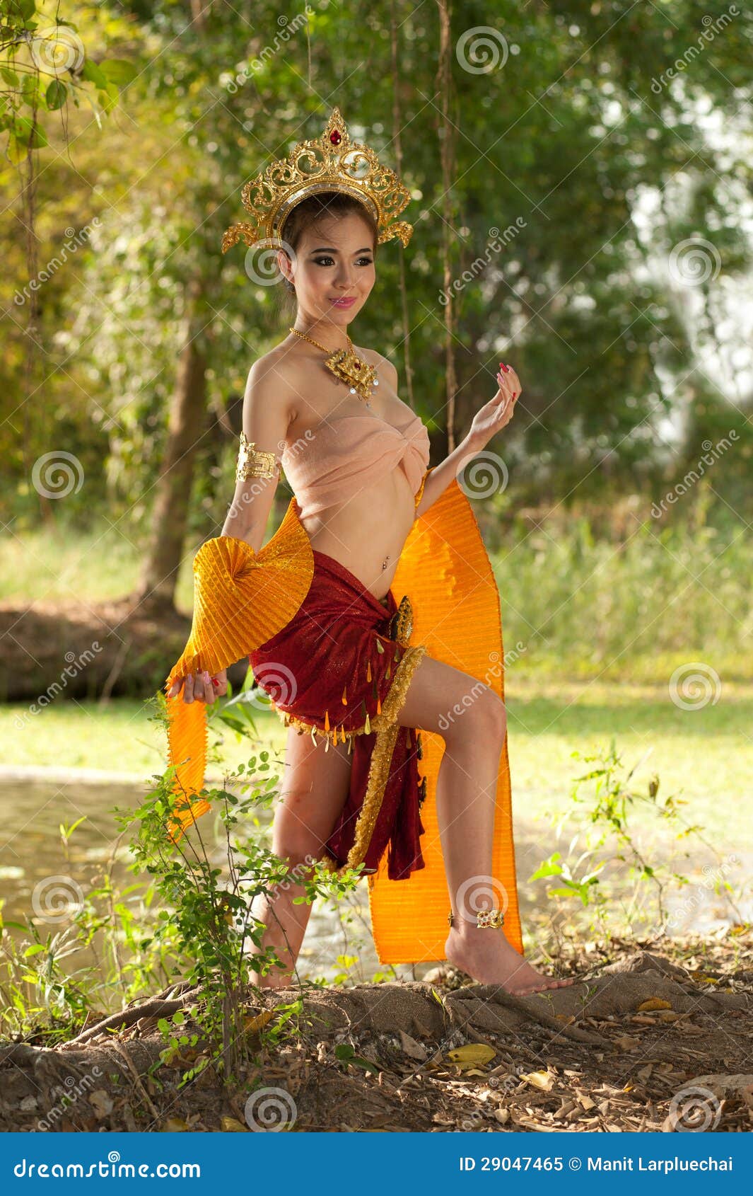 Pretty Thai Woman Posing In Thai Ancient Dress . Royalty 