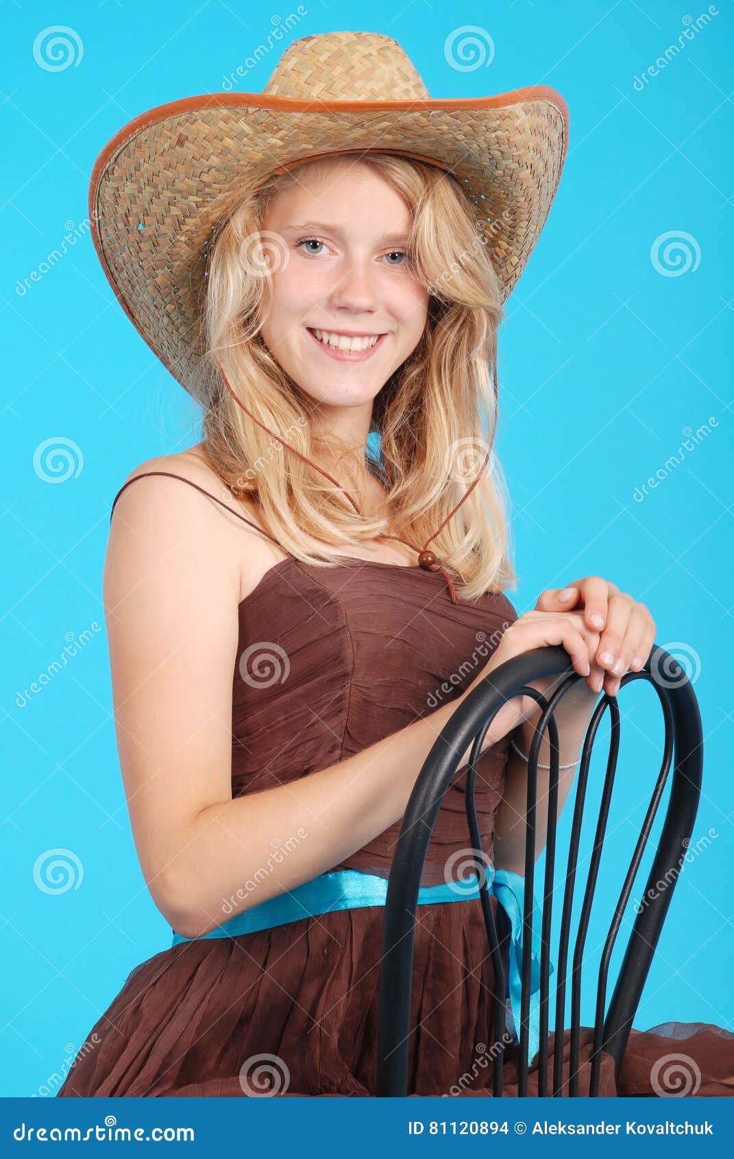 Pretty Thirteen Year Old Girls Wearing A Big Floppy Straw Sun Hat Stock