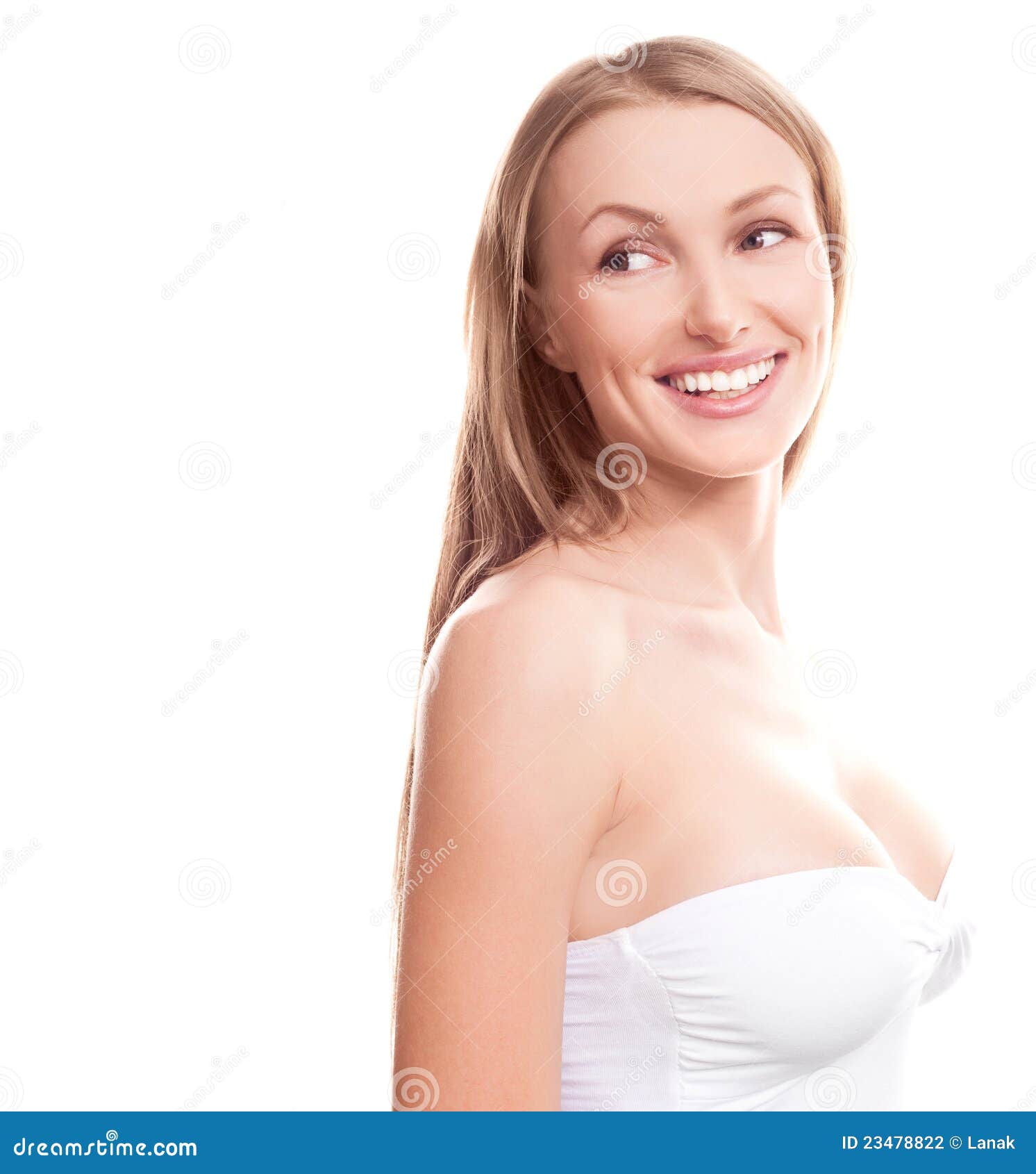 Young woman with beautiful breast on white background Stock Photo