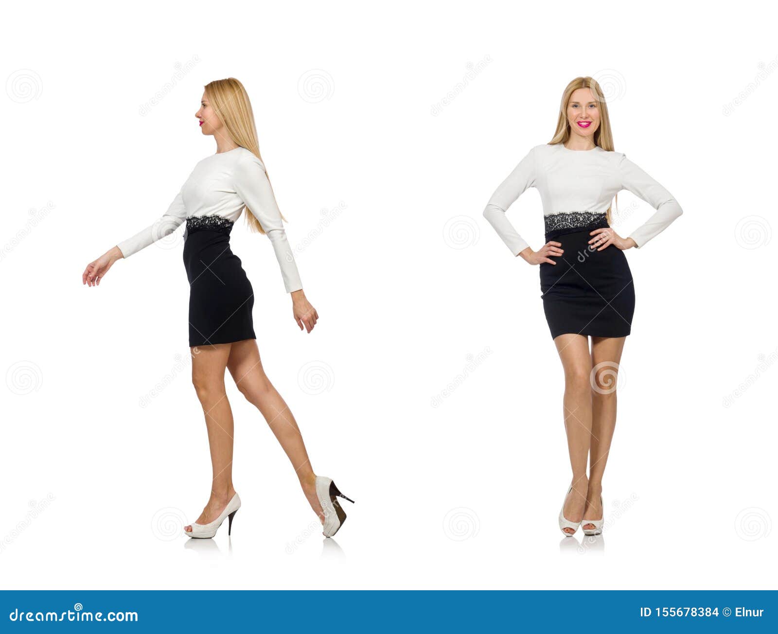 Pretty Woman in Black and White Dress Isolated on White Stock Photo ...