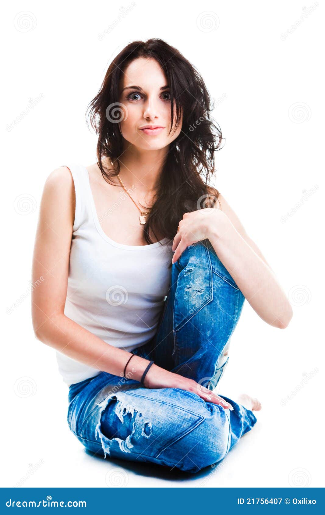 Pretty Woman in Blue Jeans Sitting on White Floor Stock Image - Image ...