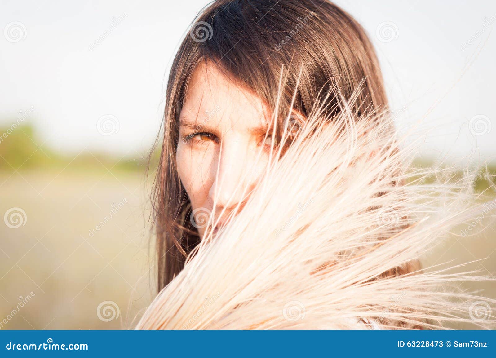 Pretty Woman with Bouquet of Feather-grass Stock Image - Image of