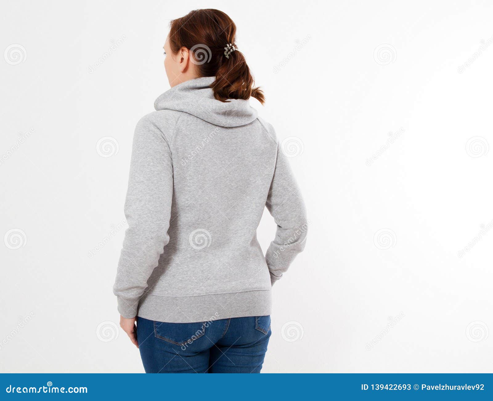 Pretty Woman in Gray Pullover Hoodie Mockup - Back View Stock Image ...