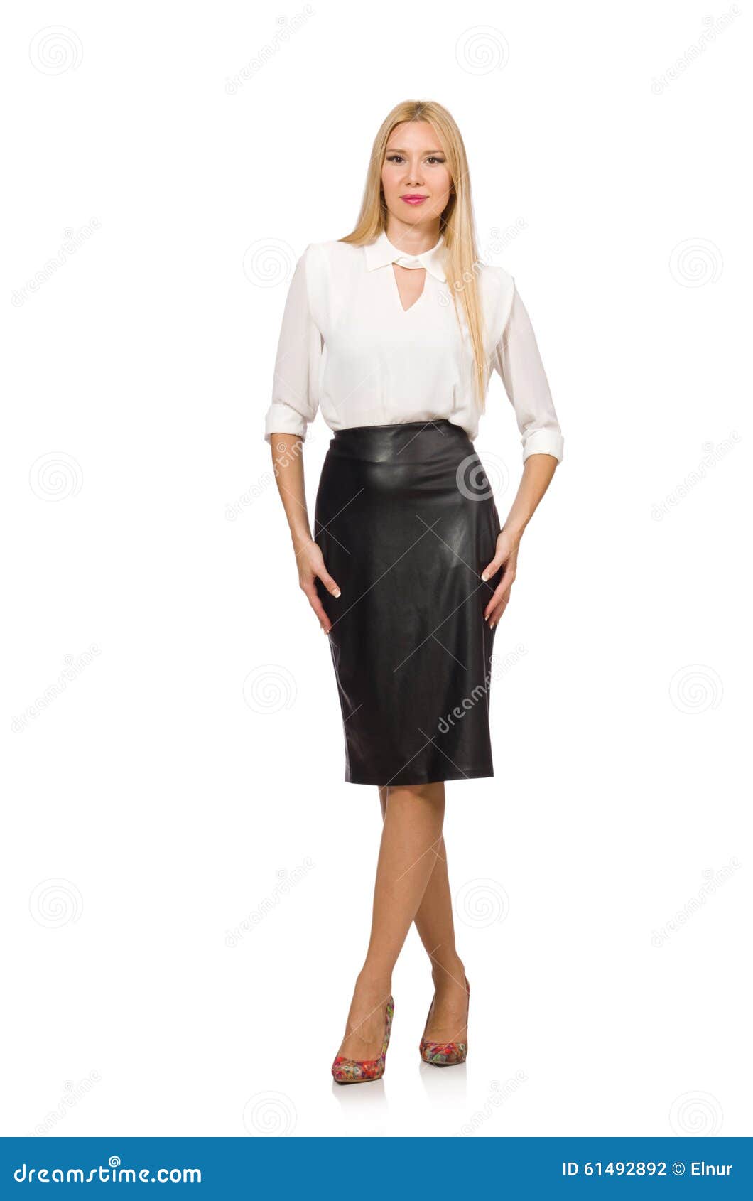 The Pretty Woman in Leather Skirt Isolated on Stock Photo - Image of ...