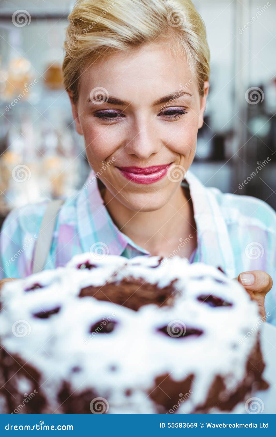 Pretty Woman Looking at a Chocolate Cake Stock Image Image of bakery