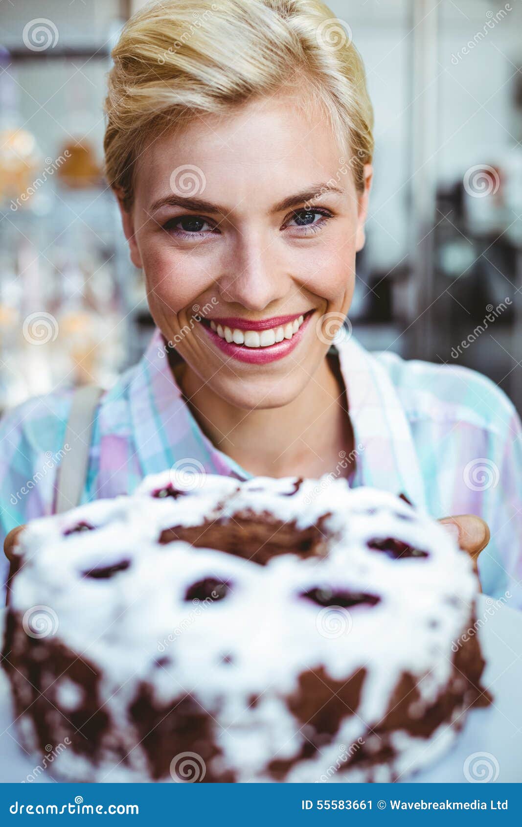 Pretty Woman Looking at a Chocolate Cake Stock Image Image of blonde