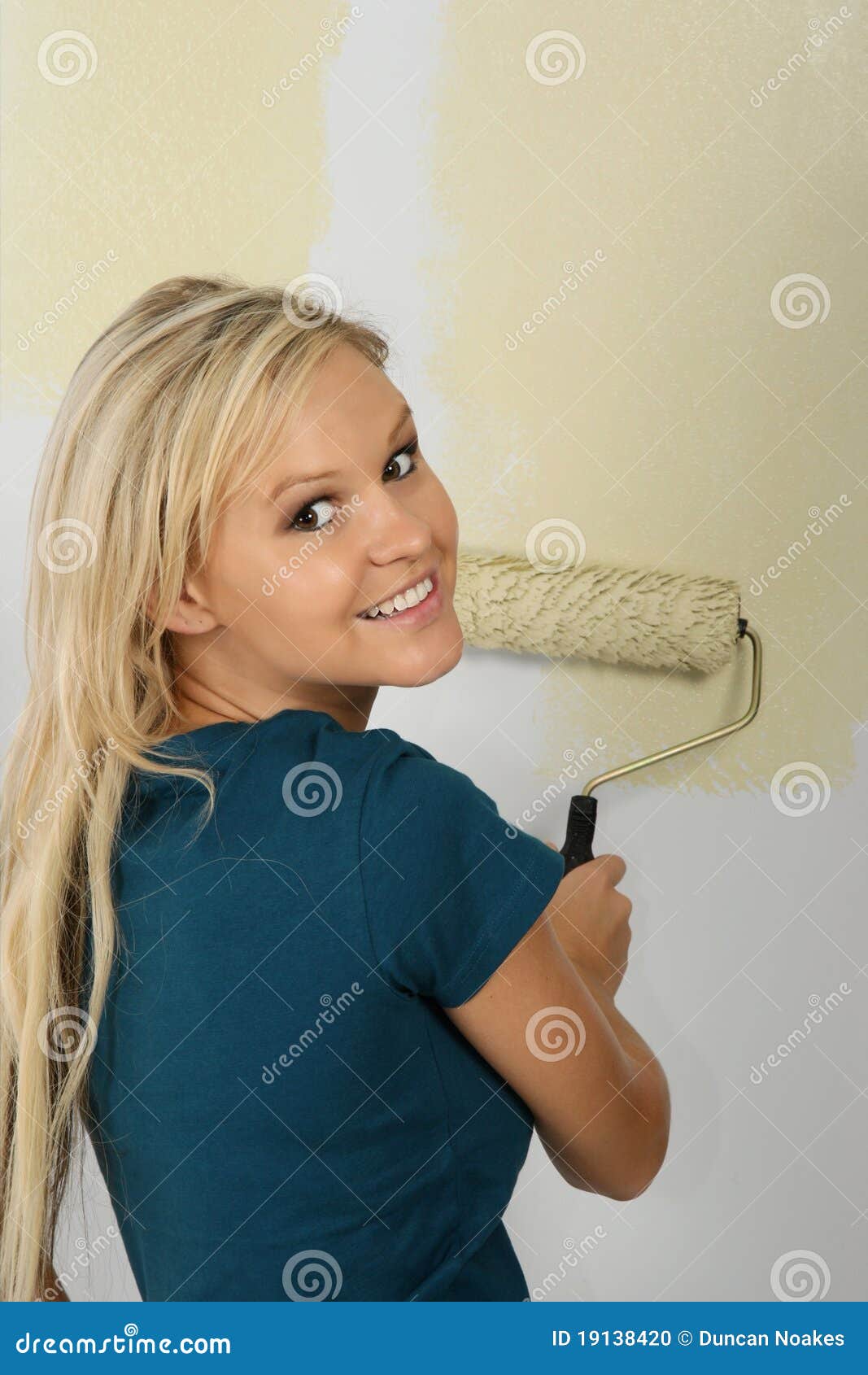 Pretty Woman with Paint Roller Stock Photo Image of renovate, mess