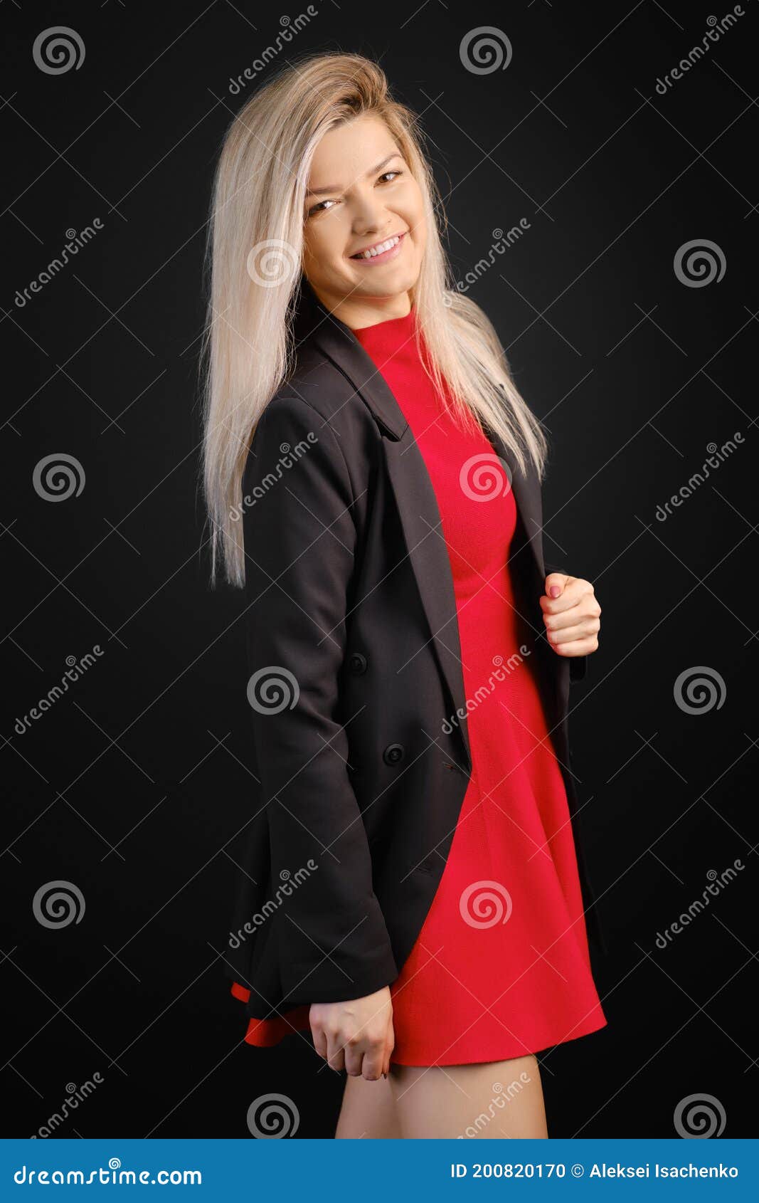 red frock with black jacket