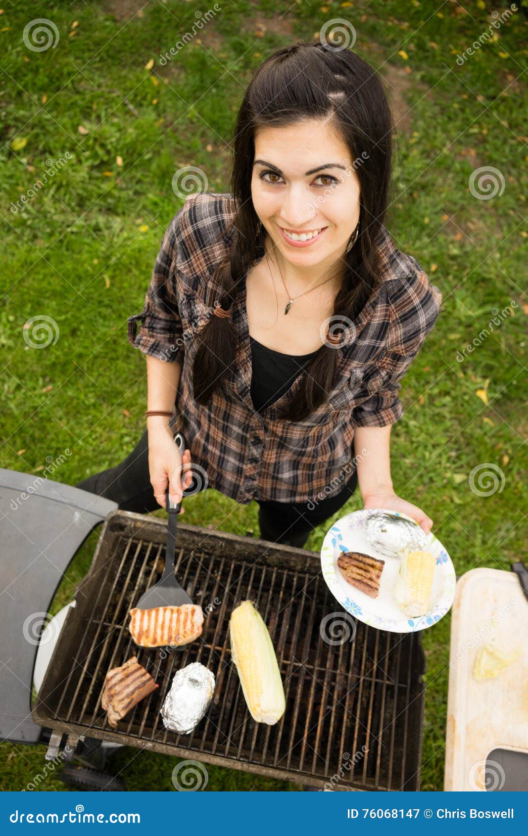 Pretty Woman Smiling Cooking Steaks Barbecue Backyard Food Stock Image 