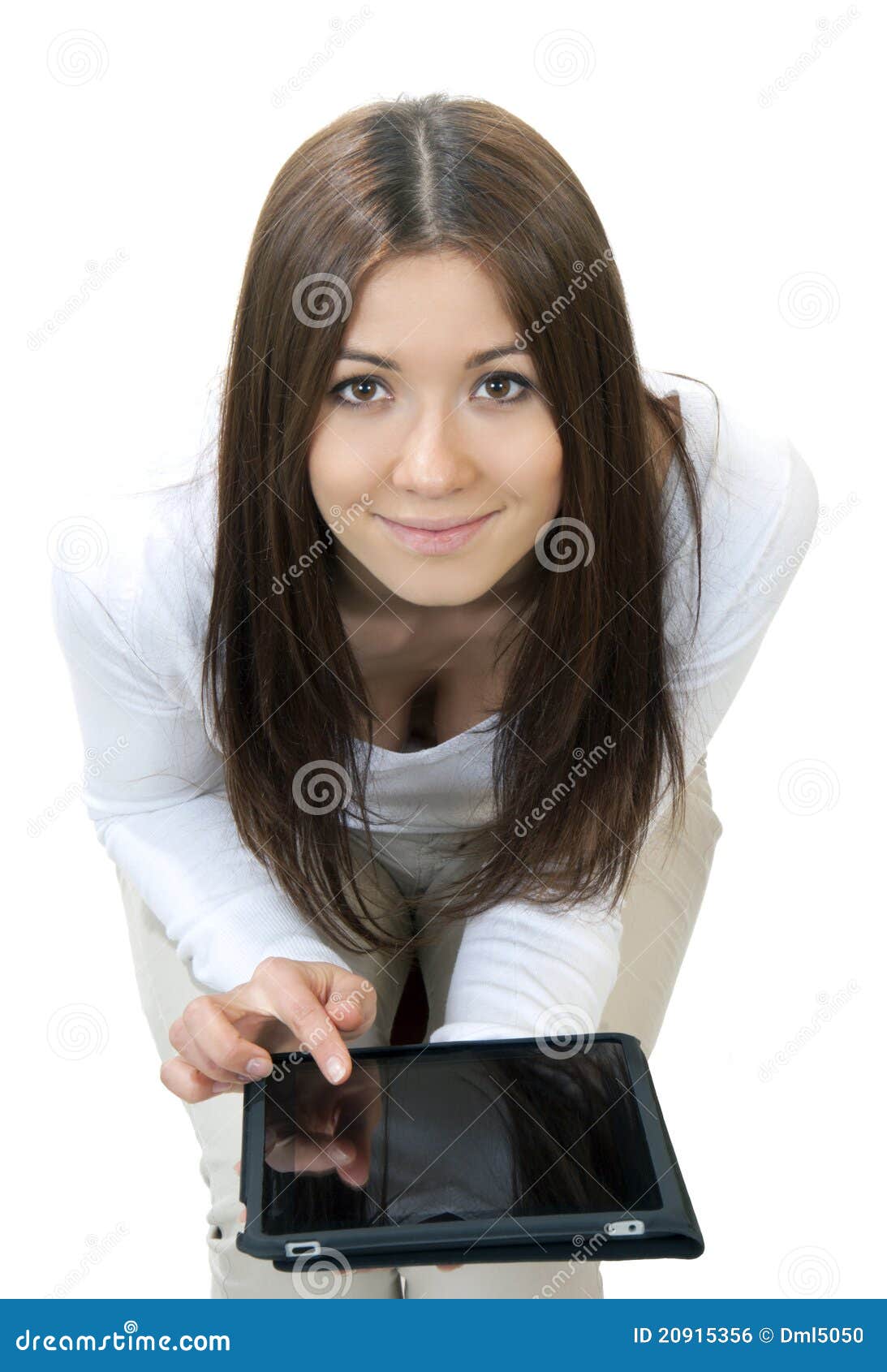 Pretty Woman Smiling with Tablet Ebook Touch Pad Stock Photo Image of