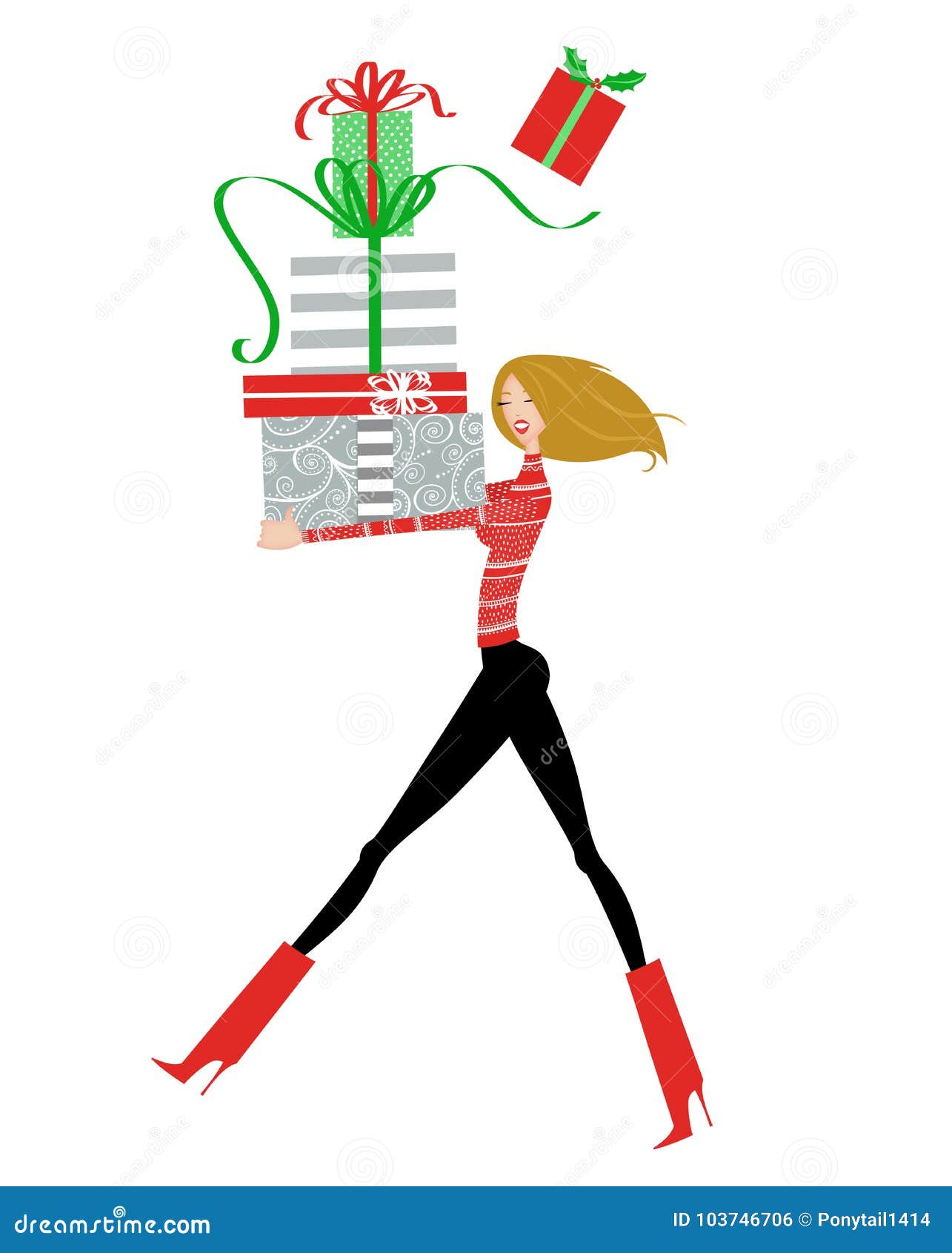 pretty young woman with an armload of christmas presents