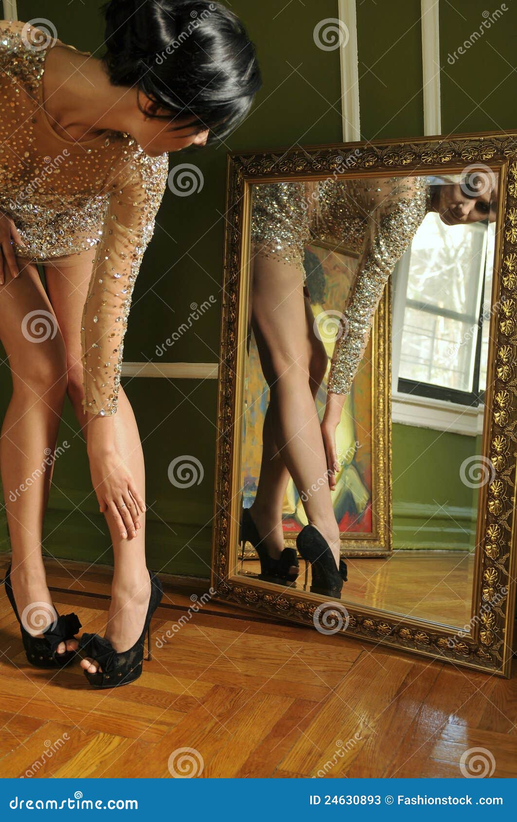 Pretty Woman In Vintage Gown Looking In The Mirror Stock 