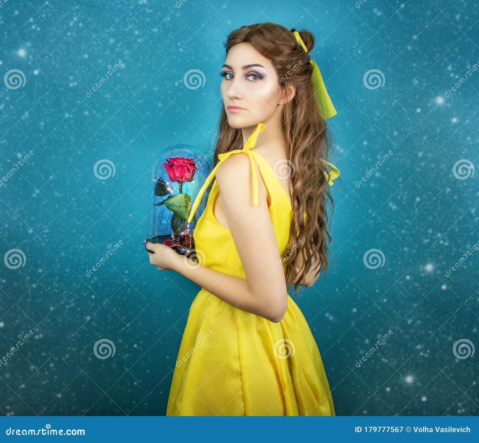 Pretty Woman In The Yellow Long Dress Closeup With Red Rose In Her Hands Beauty And The Beast Cosplay Art Processing Stock Image Image Of Flower Lovestory