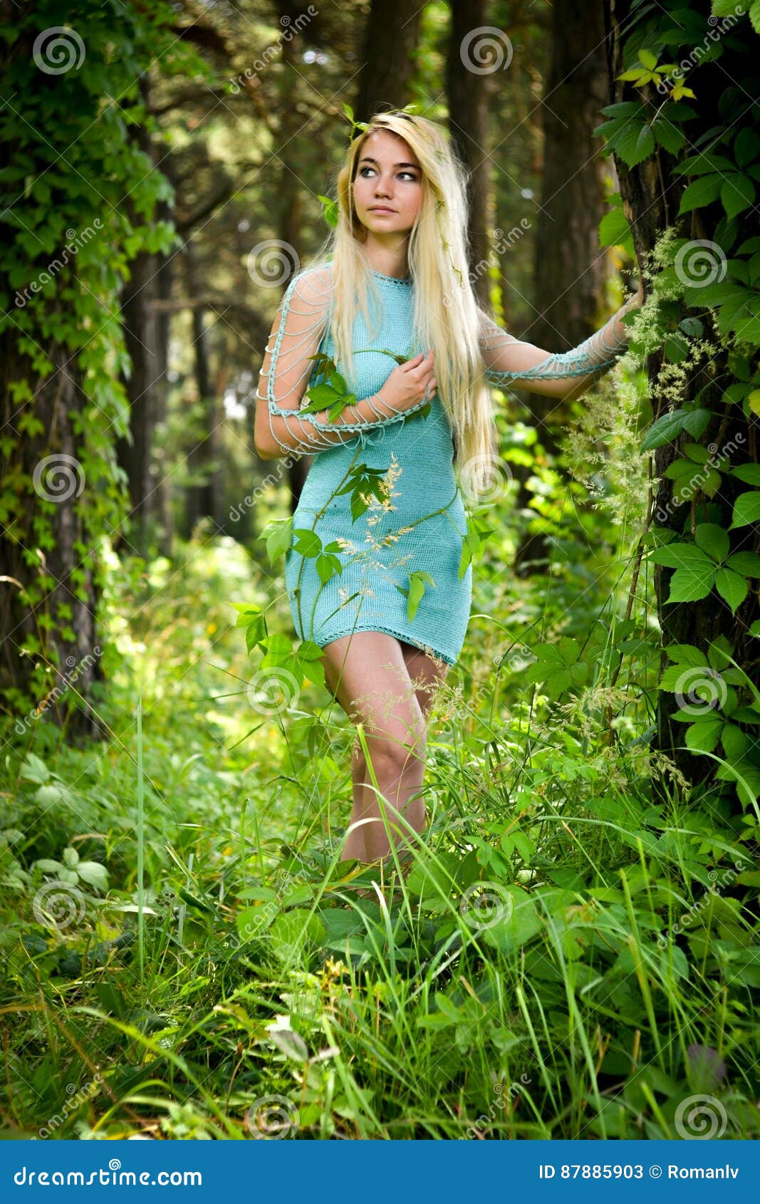 Pretty Young Blonde Girl with Long Hair in Turquoise Dress Stock Image ...