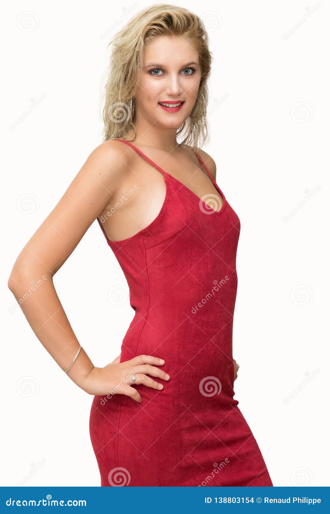 Pretty Young Blonde Woman with a Red Dress on White Stock Photo - Image ...