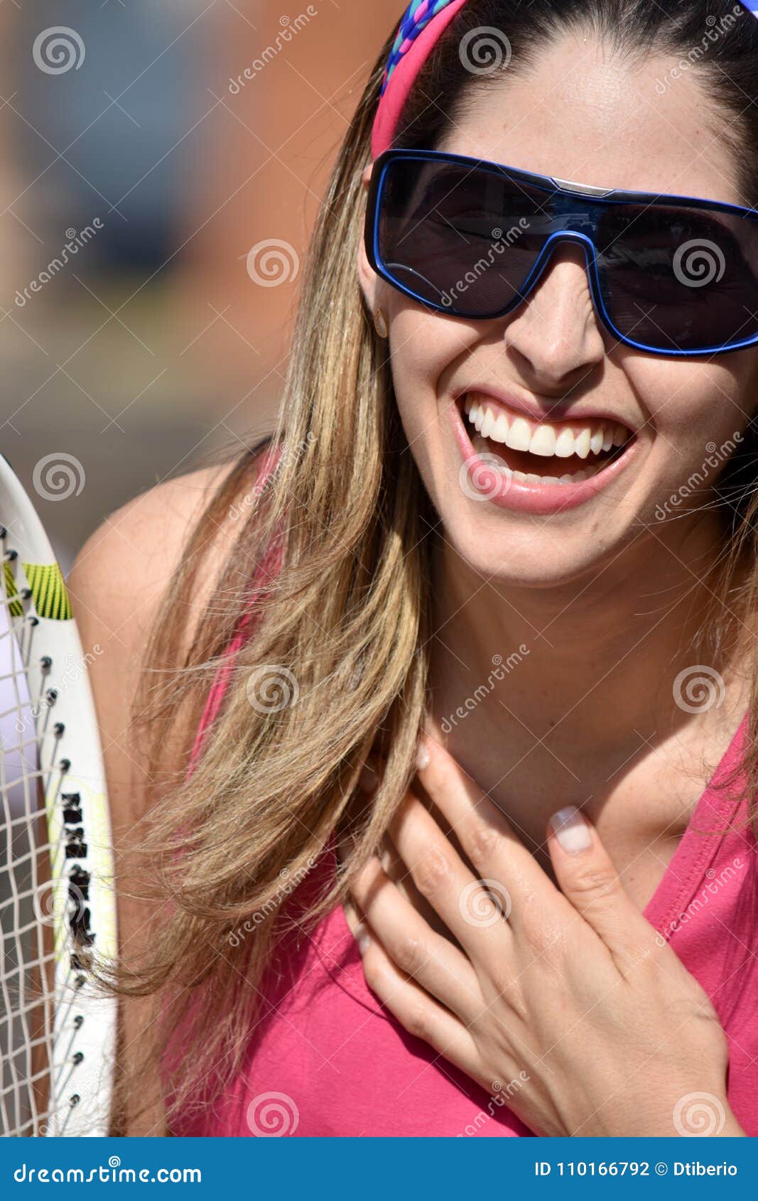 Colombian Girl Tennis Player Laughing Wearing Sunglasses Stock