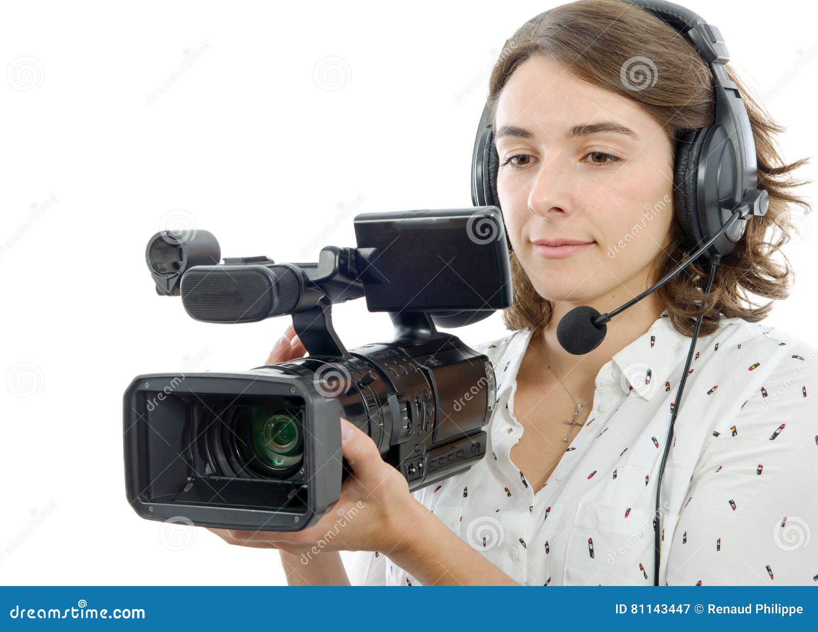 Pretty Young Girl with Professional Camcorder, on White Stock Image