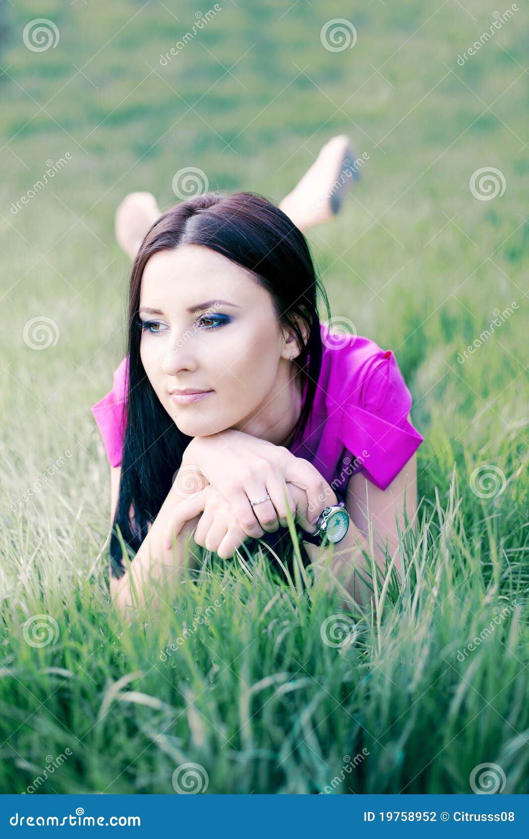 Pretty Young Girl Relaxing On The Lawn Stock Photo - Image of beauty ...