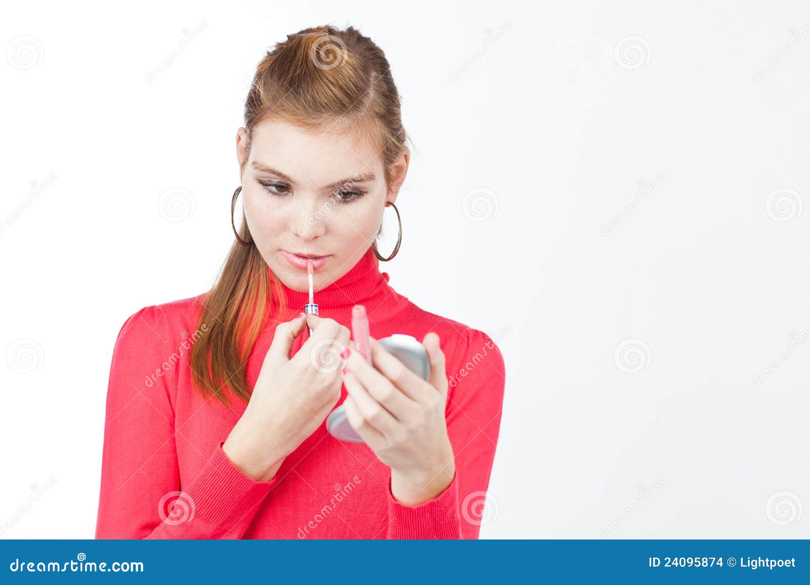 Pretty Young Woman Applying Lip Gloss Stock Photo Image of background