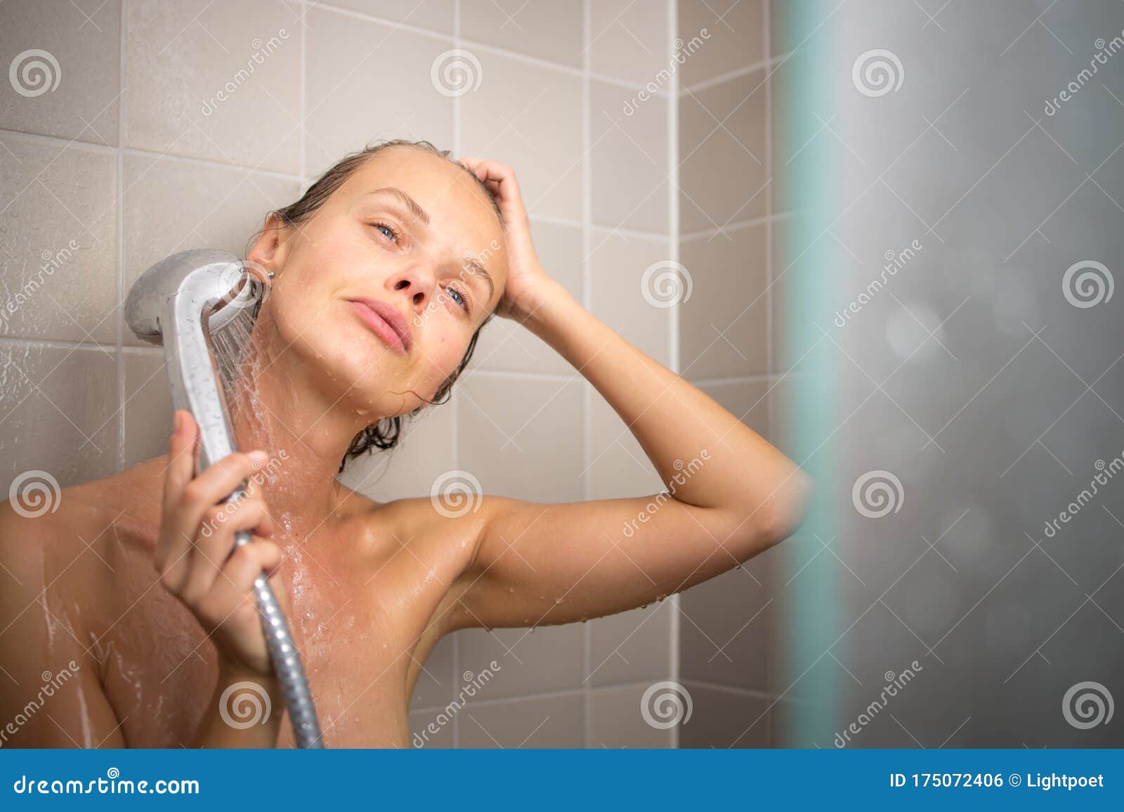 Pretty Young Woman Taking A Long Hot Shower Washing Her Hair Stock 