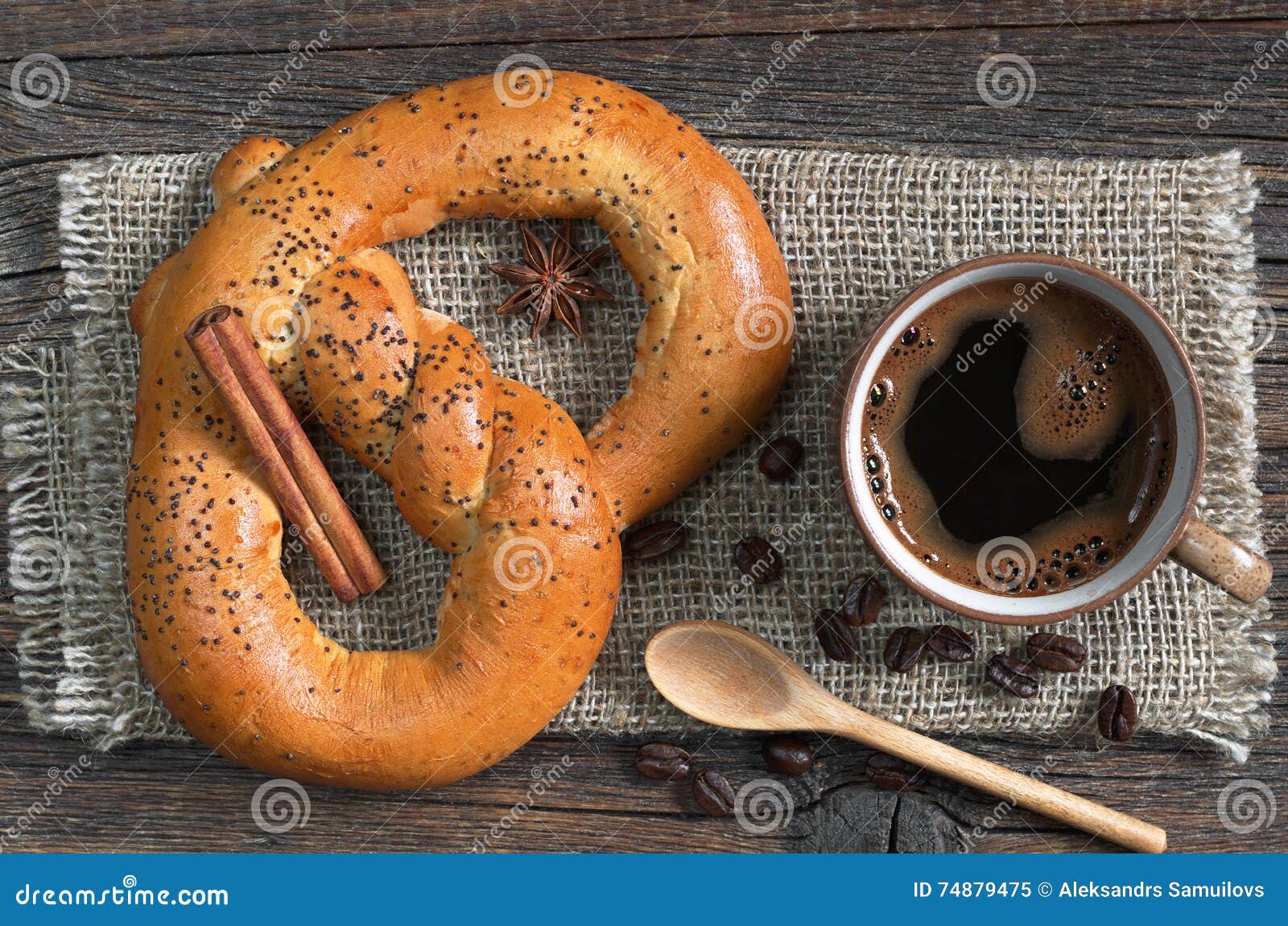Pretzels with coffee stock image. Image of soft, pastry 74879475