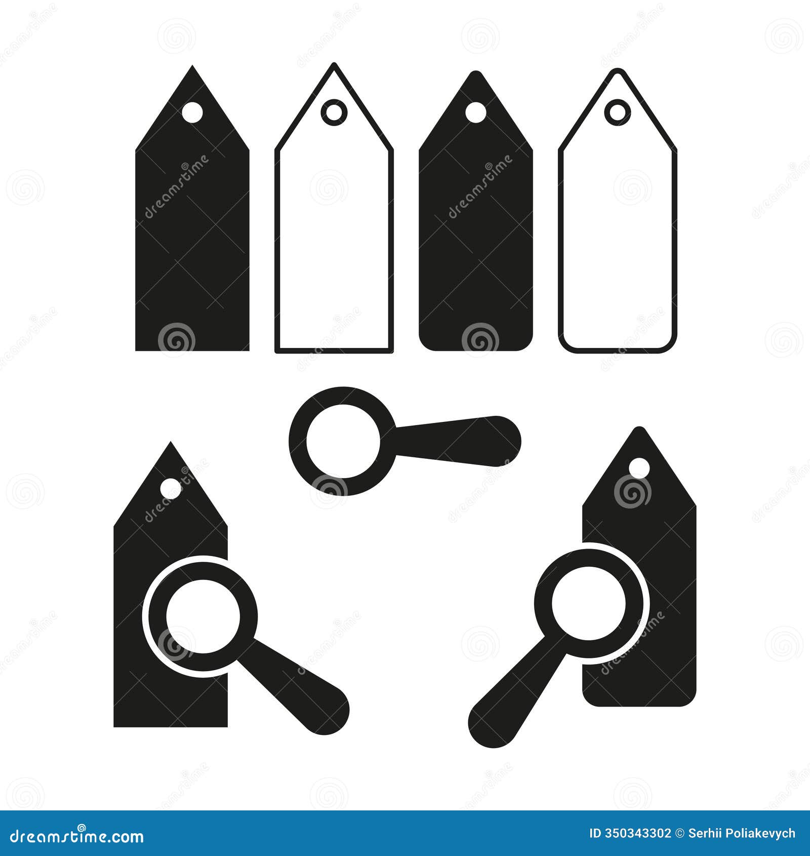 price tag icons. magnifying glass s.  black s. simple geometric .