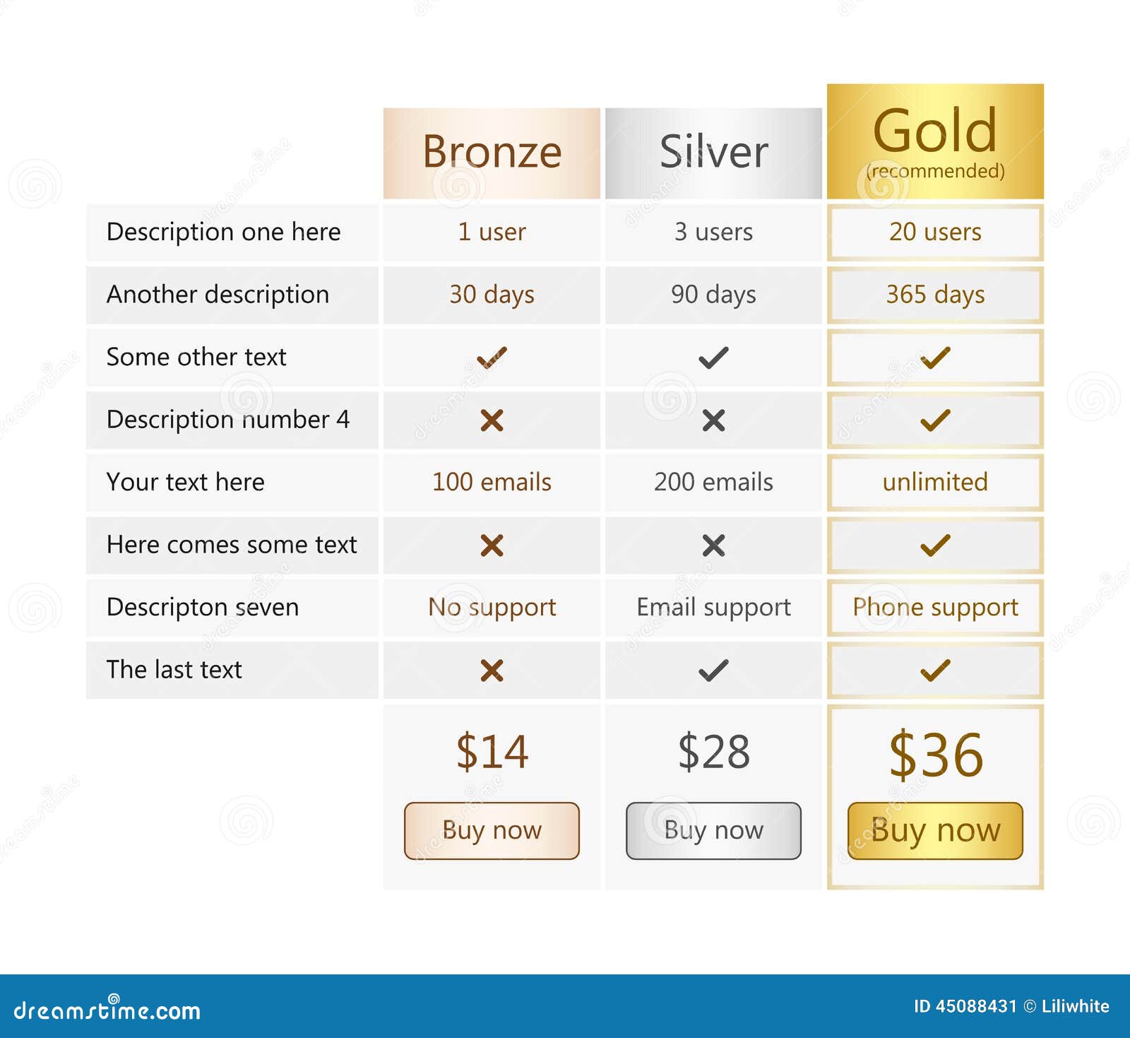 Pricing Table With Bronze, Silver And Gold Plan Stock Vector Image