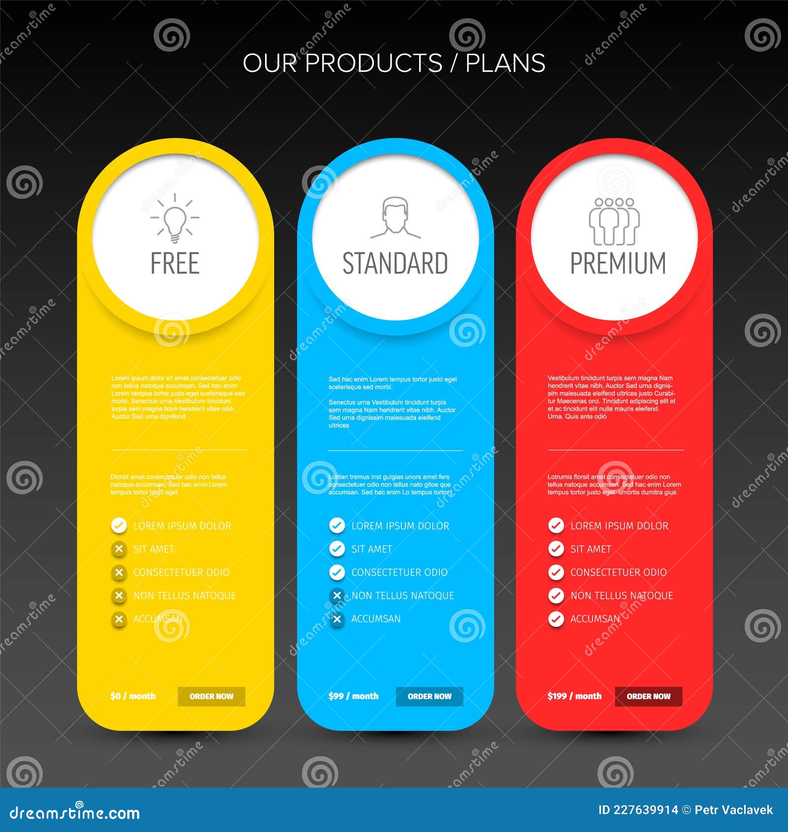 Pricing Table Dark Template with Three Product Cards Stock Vector 