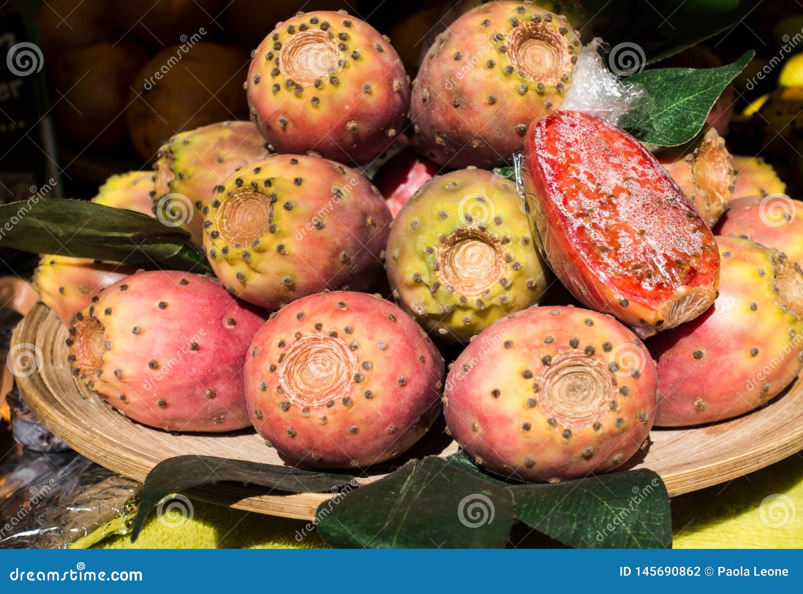 Prickly Pear Stack on a Plate on Sale. Cactus Fruit. Mediterranean Fruit Stock Photo Image of