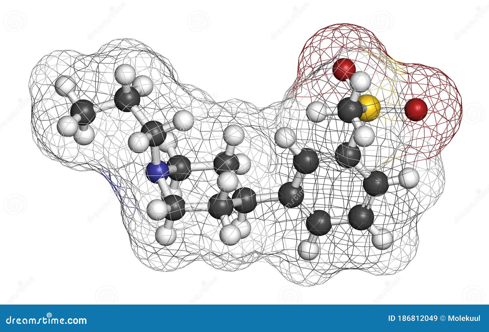 pridopidine huntington\'s disease drug molecule. 3d rendering. atoms are represented as spheres with conventional color coding: