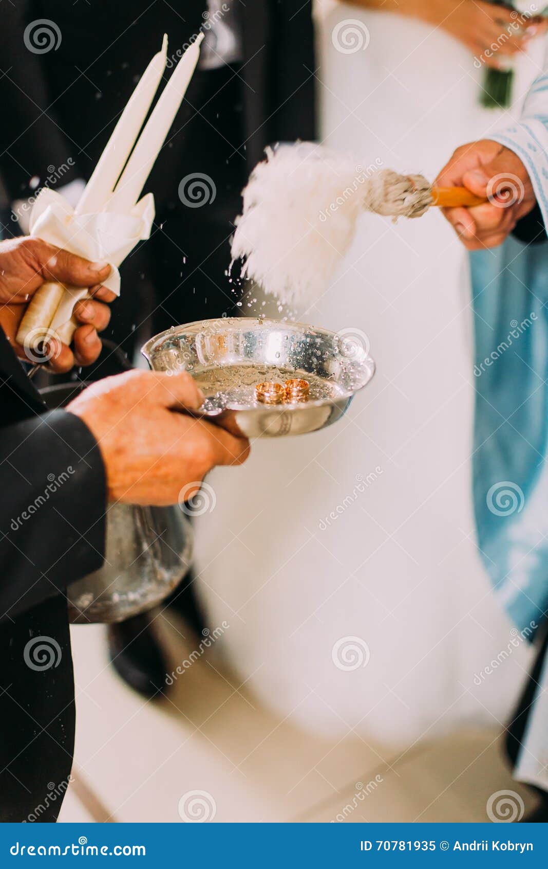 Priest Blessing Luxury Wedding Rings in the Old Church Stock Image