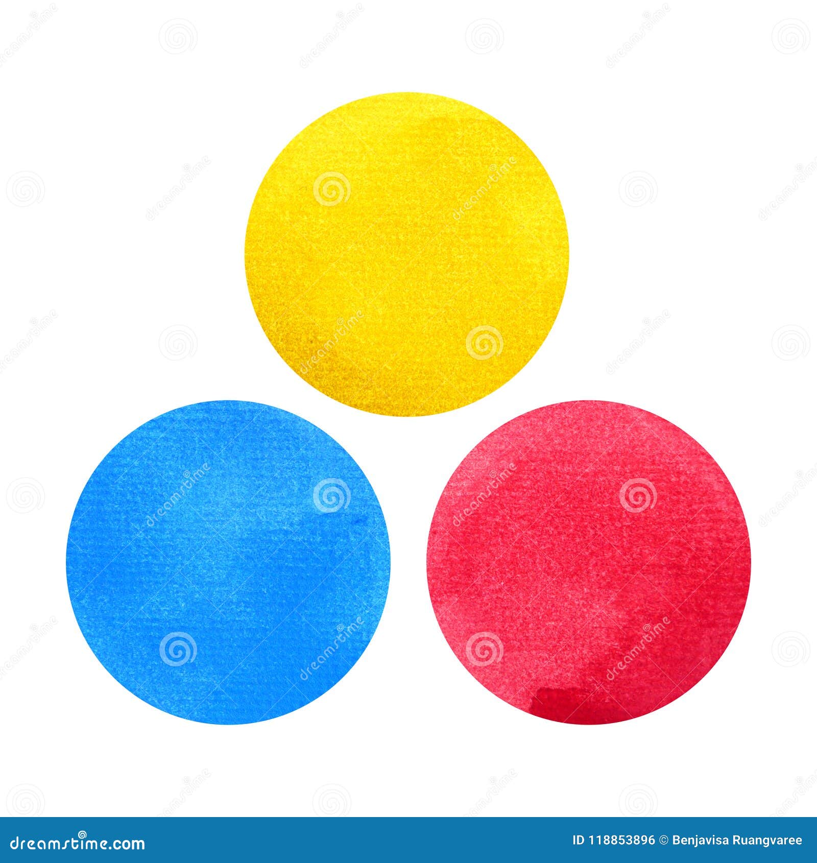 3 primary colors, blue red yellow watercolor painting circle