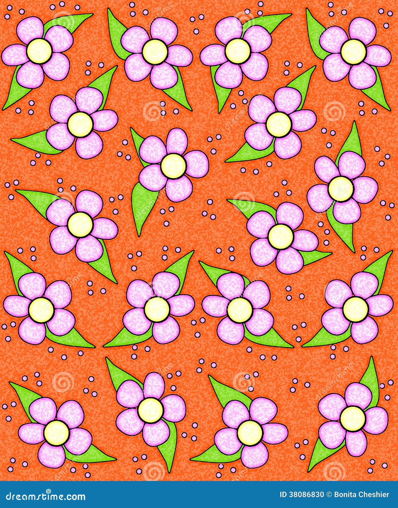 Primavera di colore di acqua in arancia. I fiori di stile degli anni 70 riempiono il fondo arancio. I fiori sono evidenziati con incandescenza bianca morbida.  L'intera immagine ha pulito la struttura con una spugna.