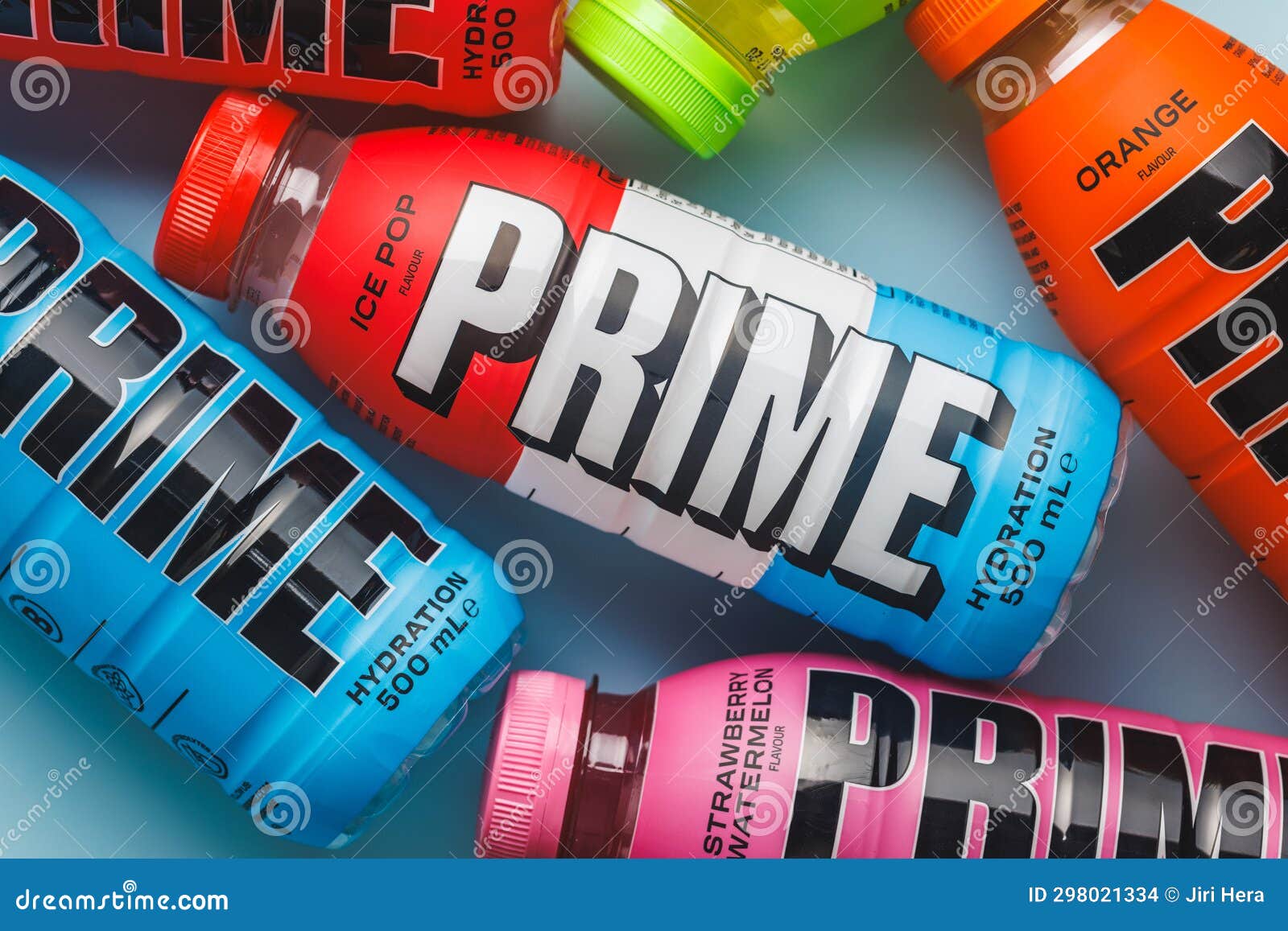 Prime Energy Drink . Bottle Drink on Blue Background. Top View