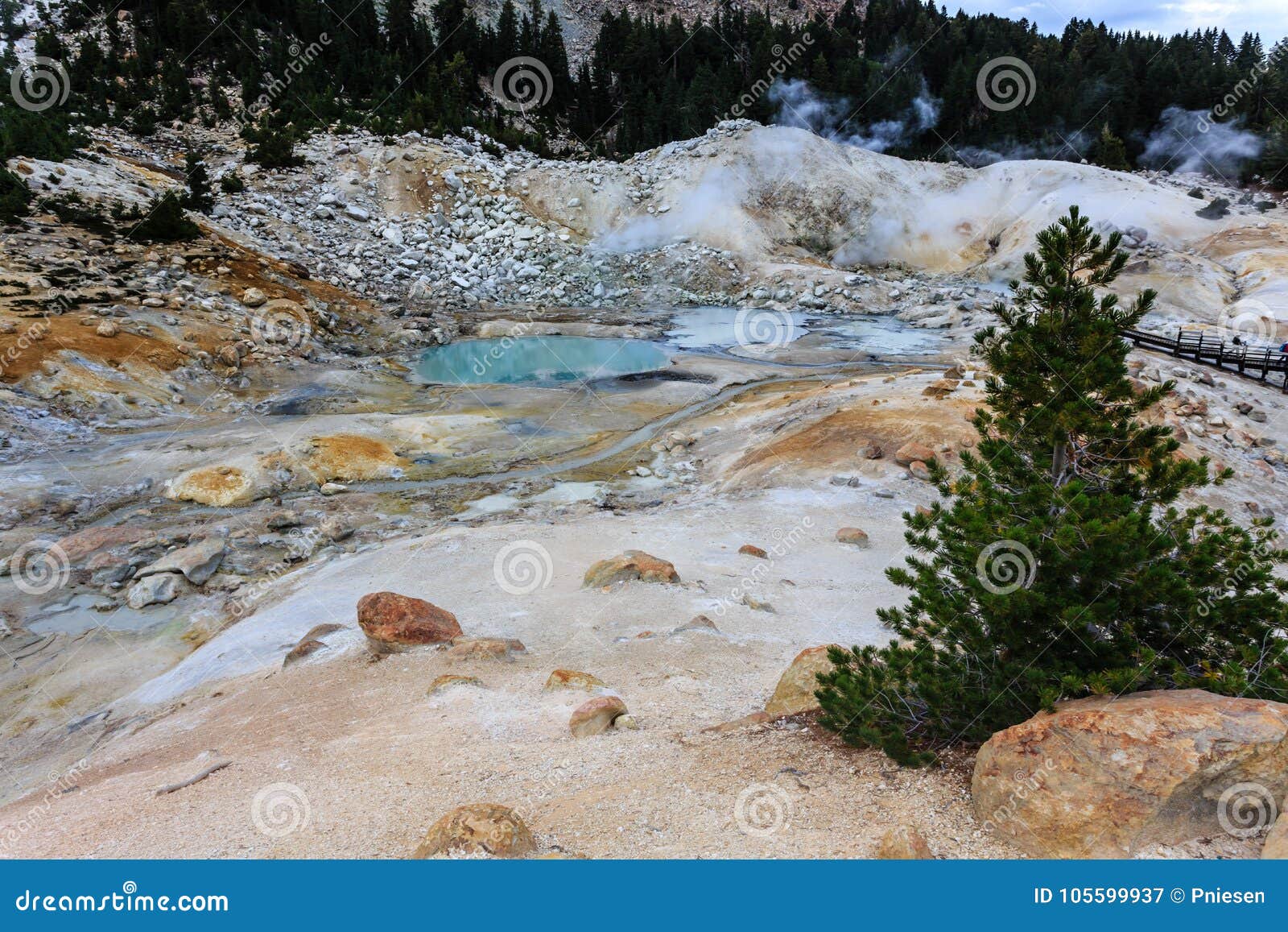 Primer del paseo marítimo de la bobina que ayuda a caminantes a navegar el Boiling Springs y los mudpots peligrosos en el PA volc. Primer del paseo marítimo de la bobina que ayuda a caminantes a navegar el Boiling Springs y los mudpots peligrosos en el parque nacional volcánico de Lassen