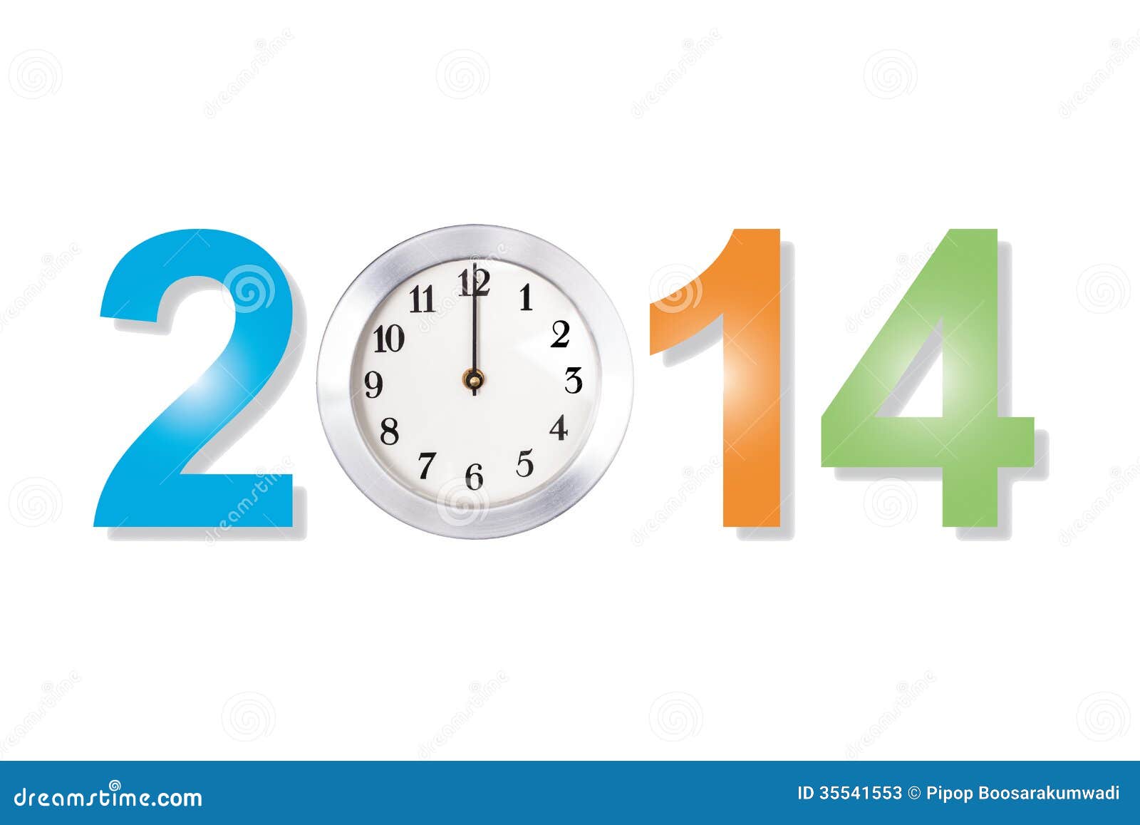 Primer 2014 del reloj del concepto del Año Nuevo aislado con las trayectorias de recortes. Concepto del Año Nuevo, primer del reloj en el fondo blanco.