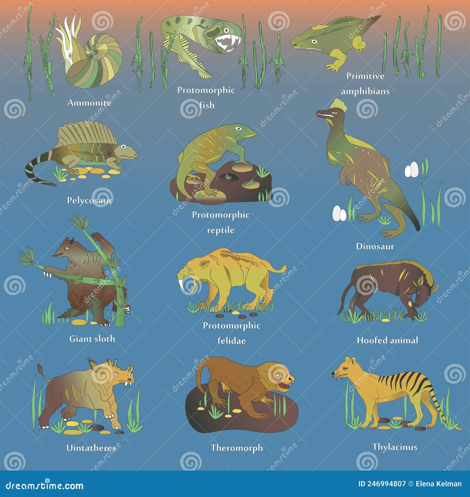 Primeval World. Primitive Animals on Prehistoric Land. Stock Vector - Illustration of sloth, life: 246994807 Primeval World. Primitive Animals on Prehistoric Land. Stock Vector - Illustration of sloth, life: 246994807